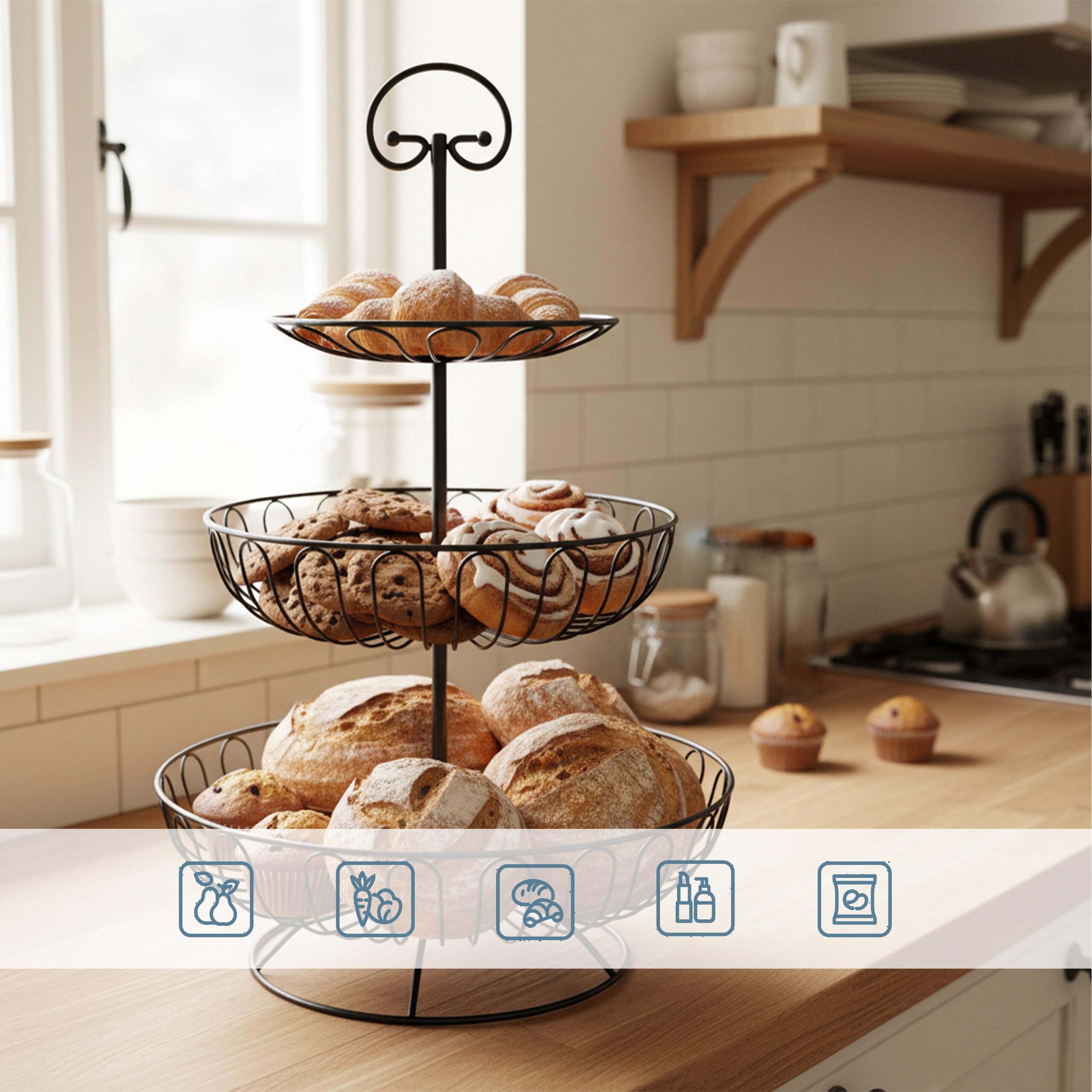 Relaxdays Etagere per Frutta, 3 Piani, Metallo, HxD: 47 x 30 cm, Frutta, Verdura, con Anello, Cesto Rotondo, Nero