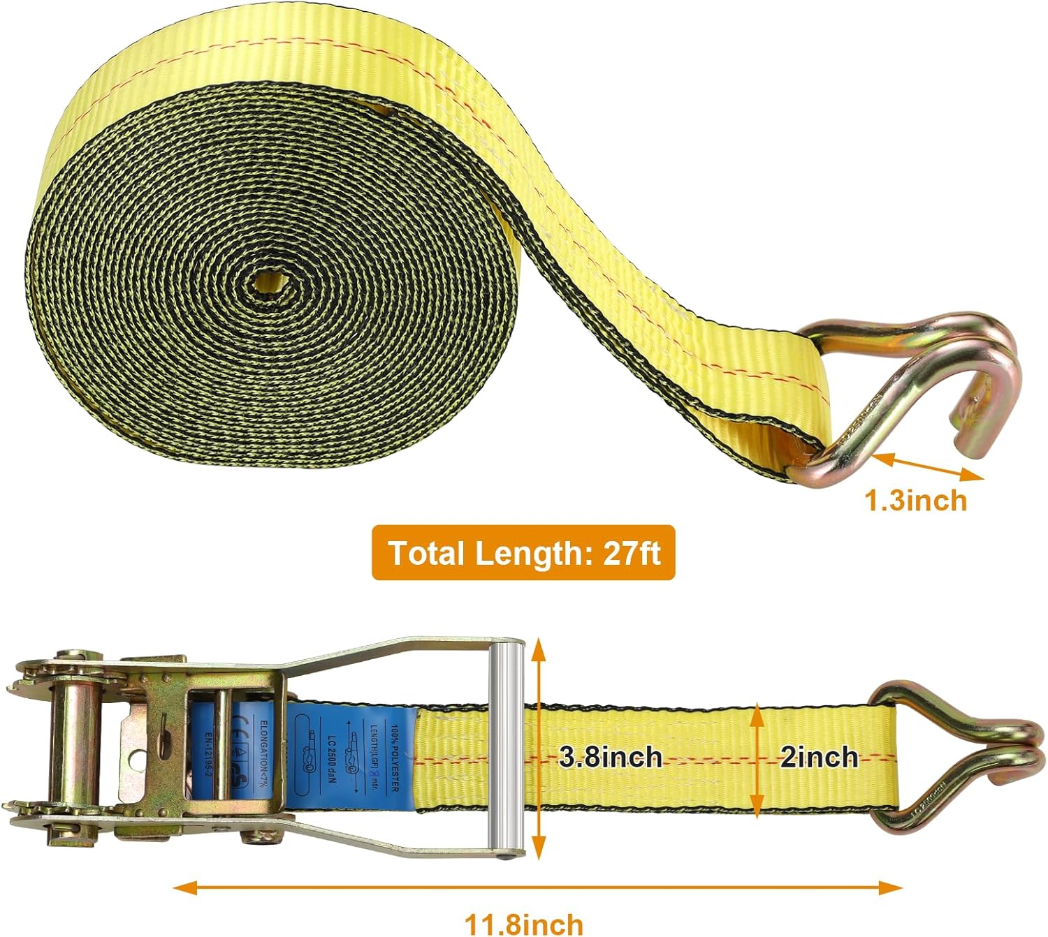 TLGREEN 4 Pack 2 in x 27 FT Double J Hook Ratchet Straps (11,000 lbs Break Strength), Heavy Duty Tie Down Straps for Trucks(Yellow)