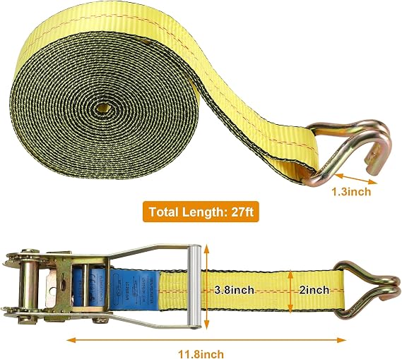 TLGREEN 2 x27' Ratchet Straps Heavy Duty Tie Down 4Pcks Double J Hook +4Packs Flat Hook