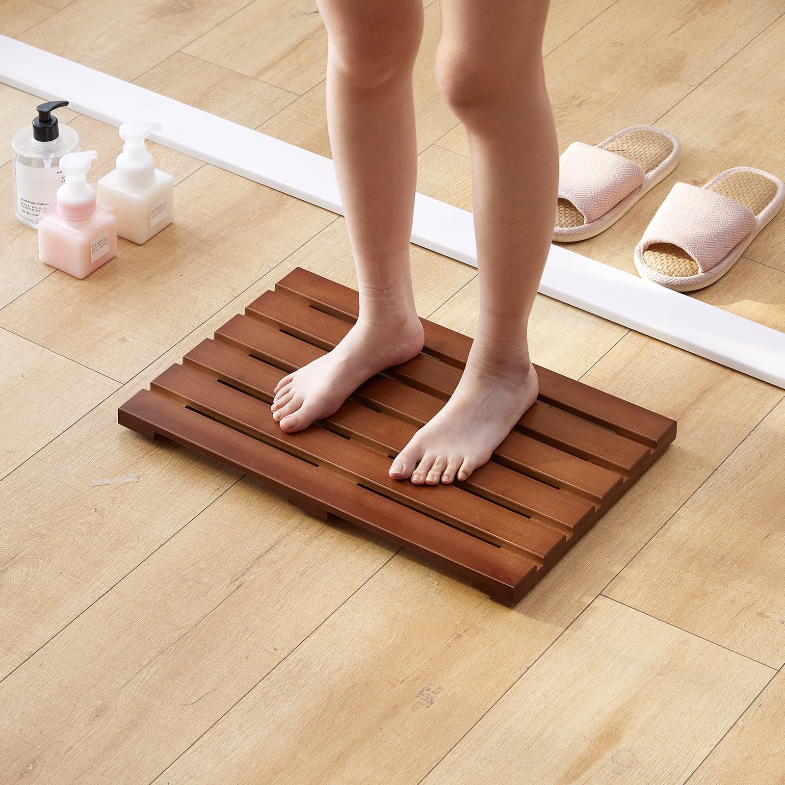 Bamboo Bath Mat for Shower with Non-Slip Rubber