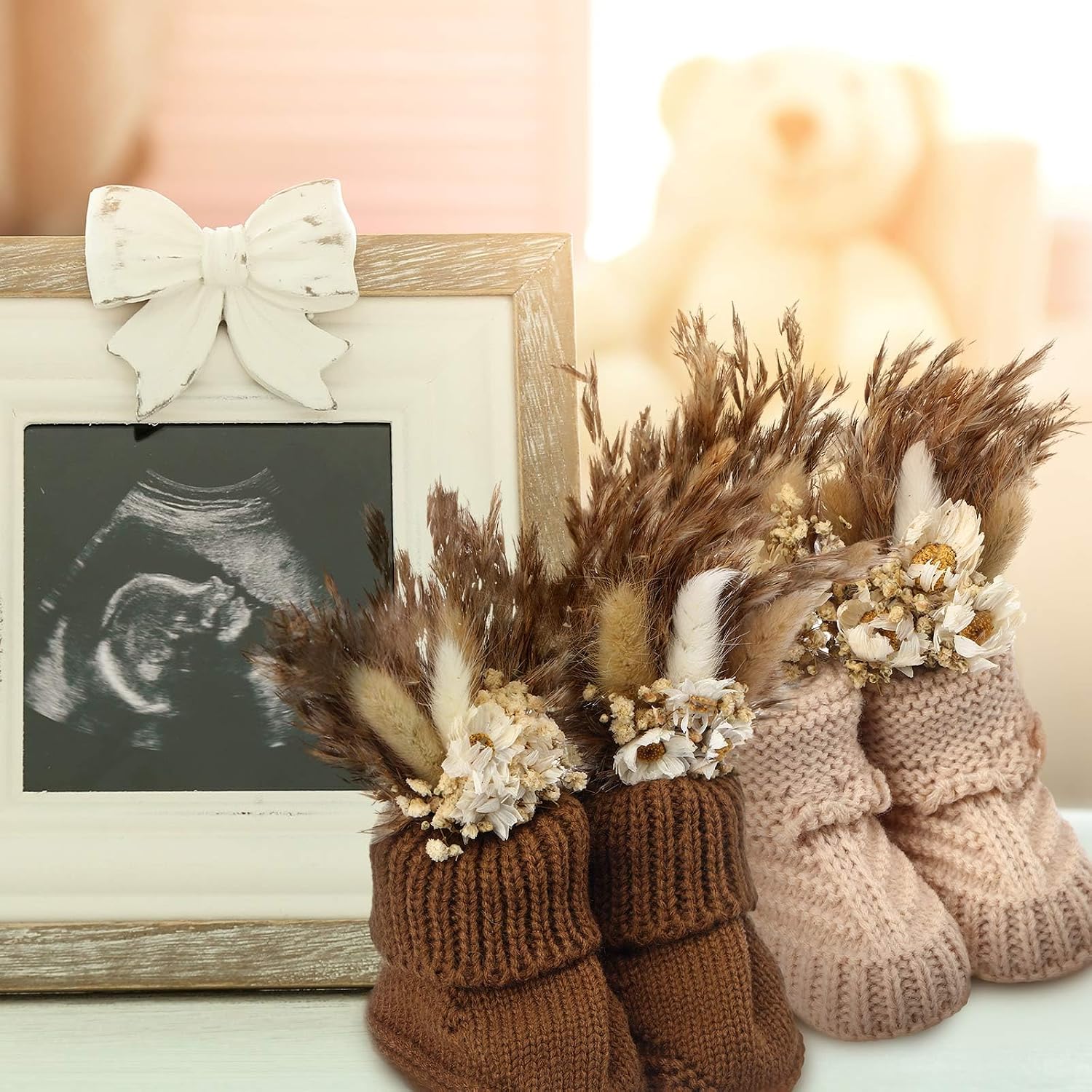 Chicingyou 3 Set Baby Shower Table Decorations Crochet Knitted Baby Booties Bulk with Dried Pampas Grass Bouquet Boho Table Centerpieces Gender Reveal Party Decor