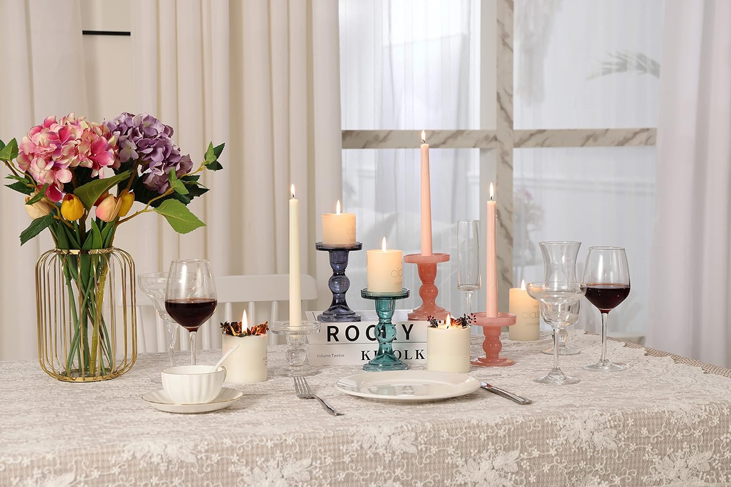 GMWD 3 Pcs Glass Candle Holder Set Clear, Pink Candlesticks Holders Pillar Taper Candles Tealight Stand for Wedding Centerpieces Home Decorations Dining Table - Image 5