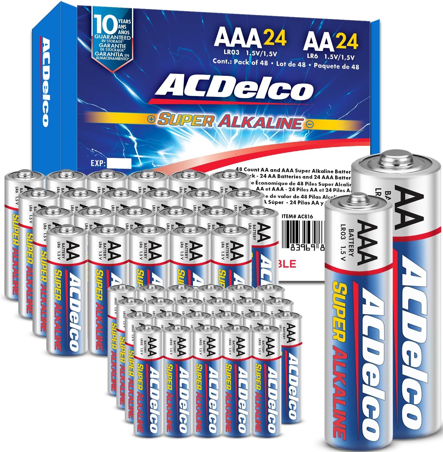 Powermax ACDelco AA and AAA 48-Count Combo Pack Super Alkaline Batteries, 24-Count Each, 10-Year Shelf Life, Reclosable Packaging Blue