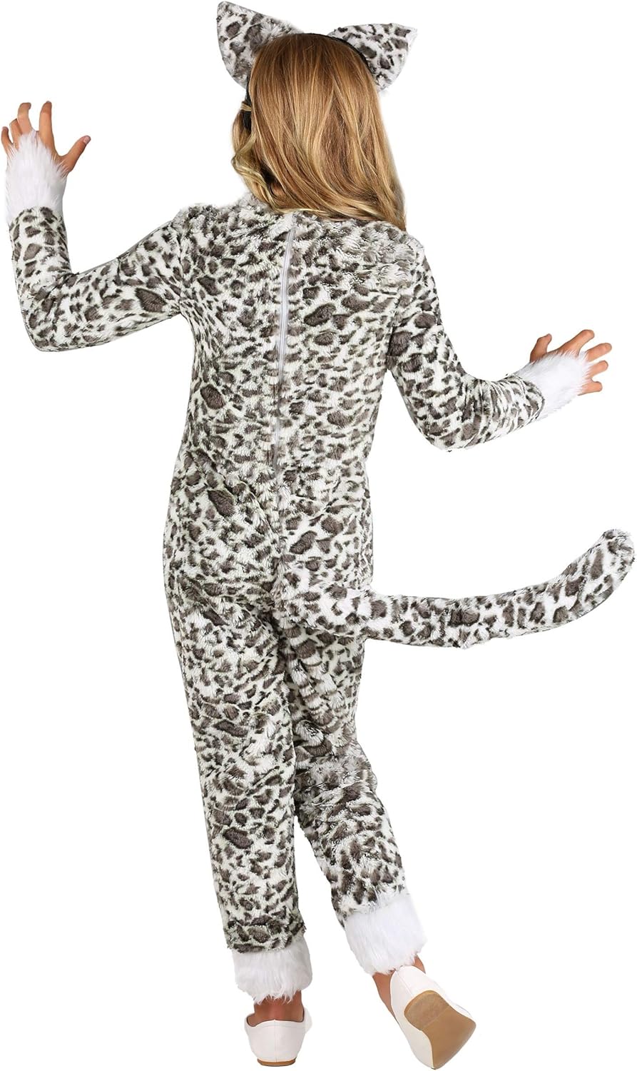 Kids Spotted Snow Leopard Costume Girls, White Faux Fur Animal Cute Cat Jumpsuit Halloween Outfit - Image 2