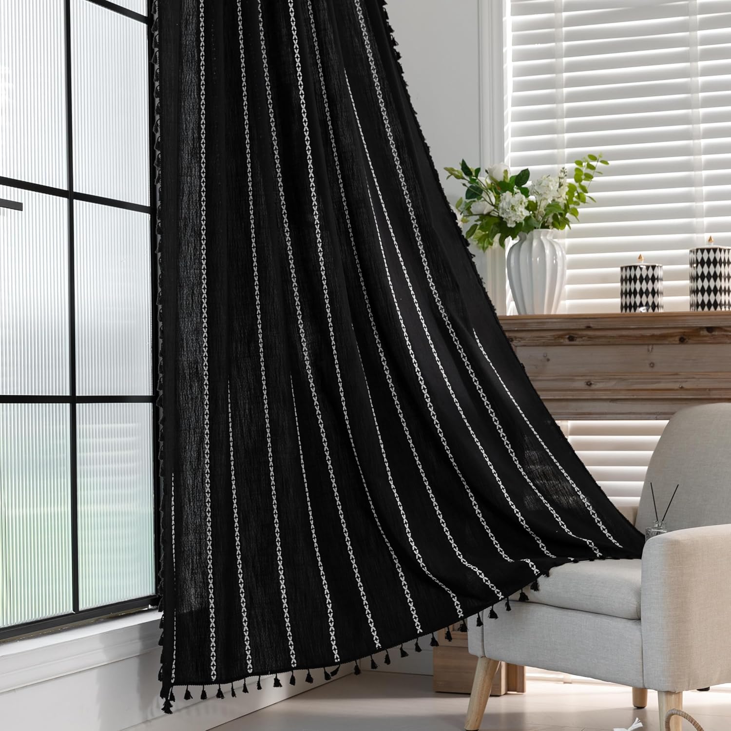 White Boho Embroidered Sheer Curtain, 1 Panel Rod Pocket Window Drape with Tassels for Living Room Bedroom, 59 x 96 Inch