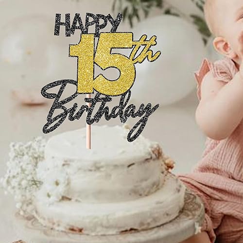 Miniatura 4 de 1 paquete de decoración de pastel de feliz cumpleaños 15 cumpleaños negro dorado purpurina Cheers to 15 años Birthday Cake Pick 15 fabulosa