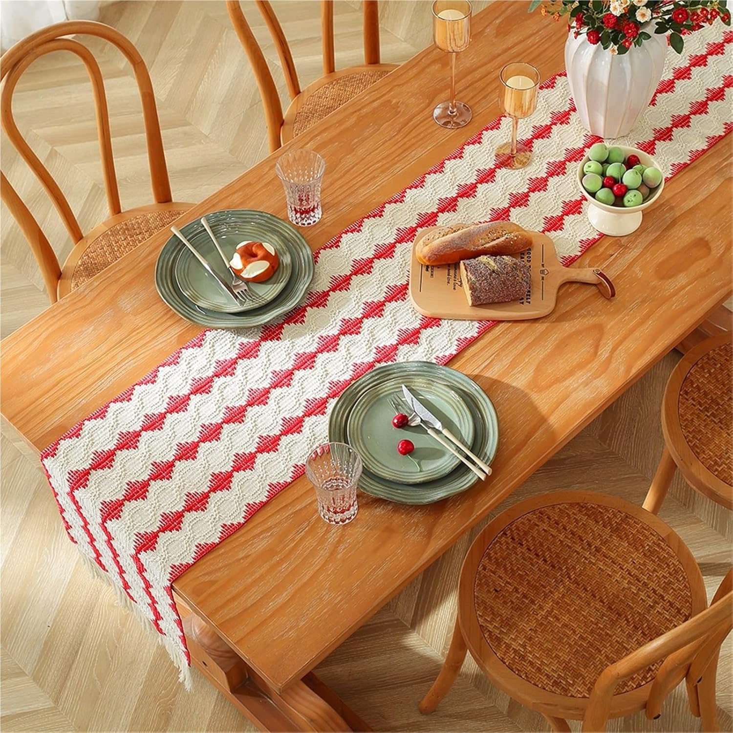 Table Runner for Home Decor Table Runner with Tassels Home Decorate Macrame Cotton Linen Woven Kitchen Dining Party(Color 6,35x120cm with Tassel)