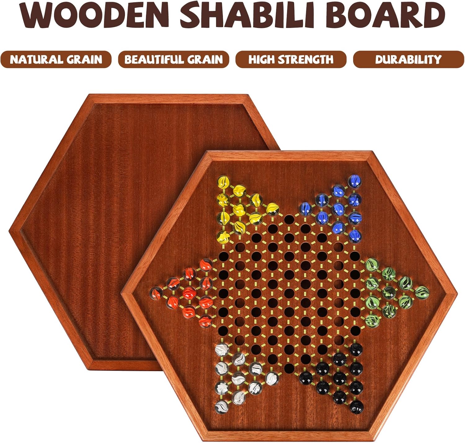 15-Inch Wooden Chinese Checkers Board Game Set – Classic Strategy Game with 72 Glass Marbles, Dual-Sided Storage Drawer, Family Board Games for Adults, Educational Travel and Indoor Game