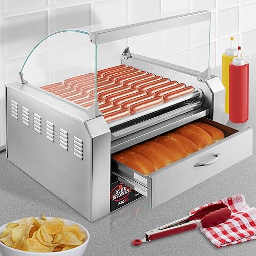 Miniatura 7 de Olde Midway Máquina eléctrica de 30 Hot Dog 11 Roller Grill Cooker Machine con cajón de calentamiento de bollos y tapa, grado comercial, acero