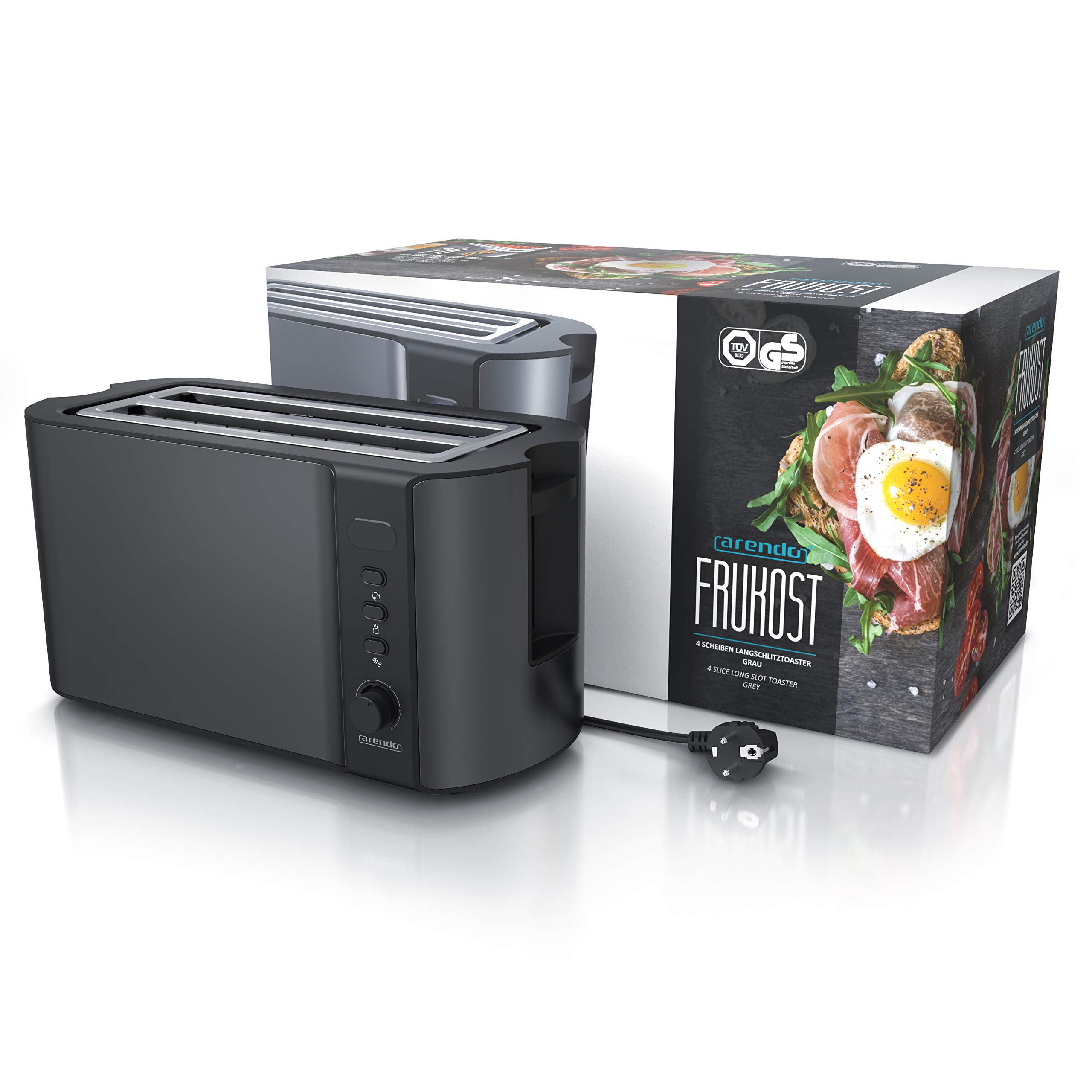 arendo - Grille Pain 2 Larges Fentes 4 tranches écran Digital - Grille-Pain Automatique 3en1-1500W - 6 Niveaux réglable décongélation réchauffe viennoiseries Plateau à miettes -Toaster Cool Grey
