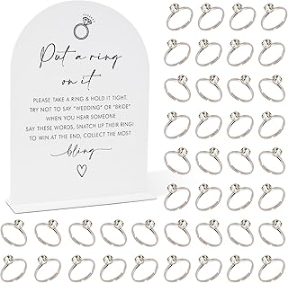 Minimalist Bridal Shower Decorations, Wedding Shower Games, Popular Bridal Shower Game, Put A Ring On It Game, 1 Sign and 50 Fake Rings(dsxn10), White