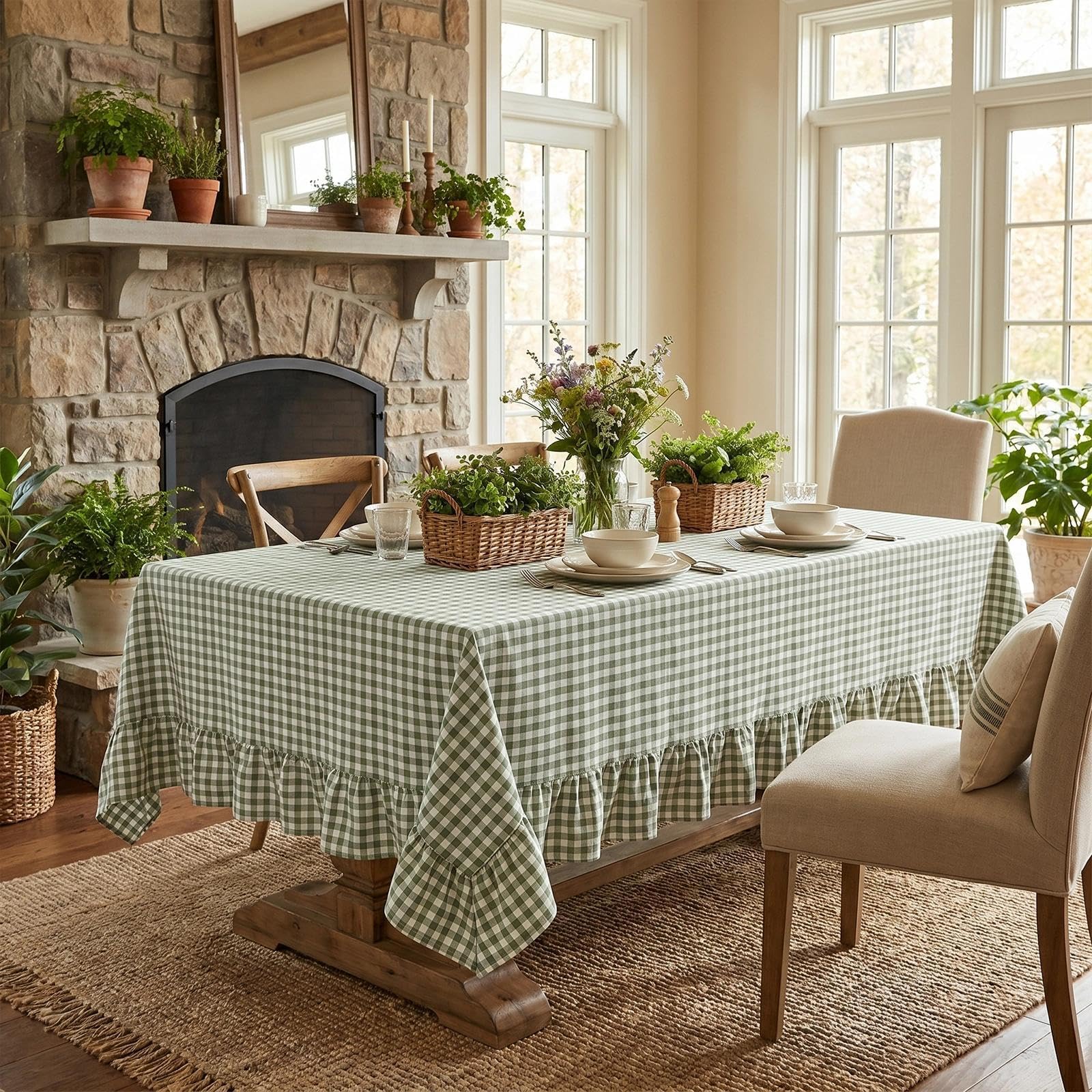 Mantel con volantes, color verde salvia, 52 x 70 pulgadas
