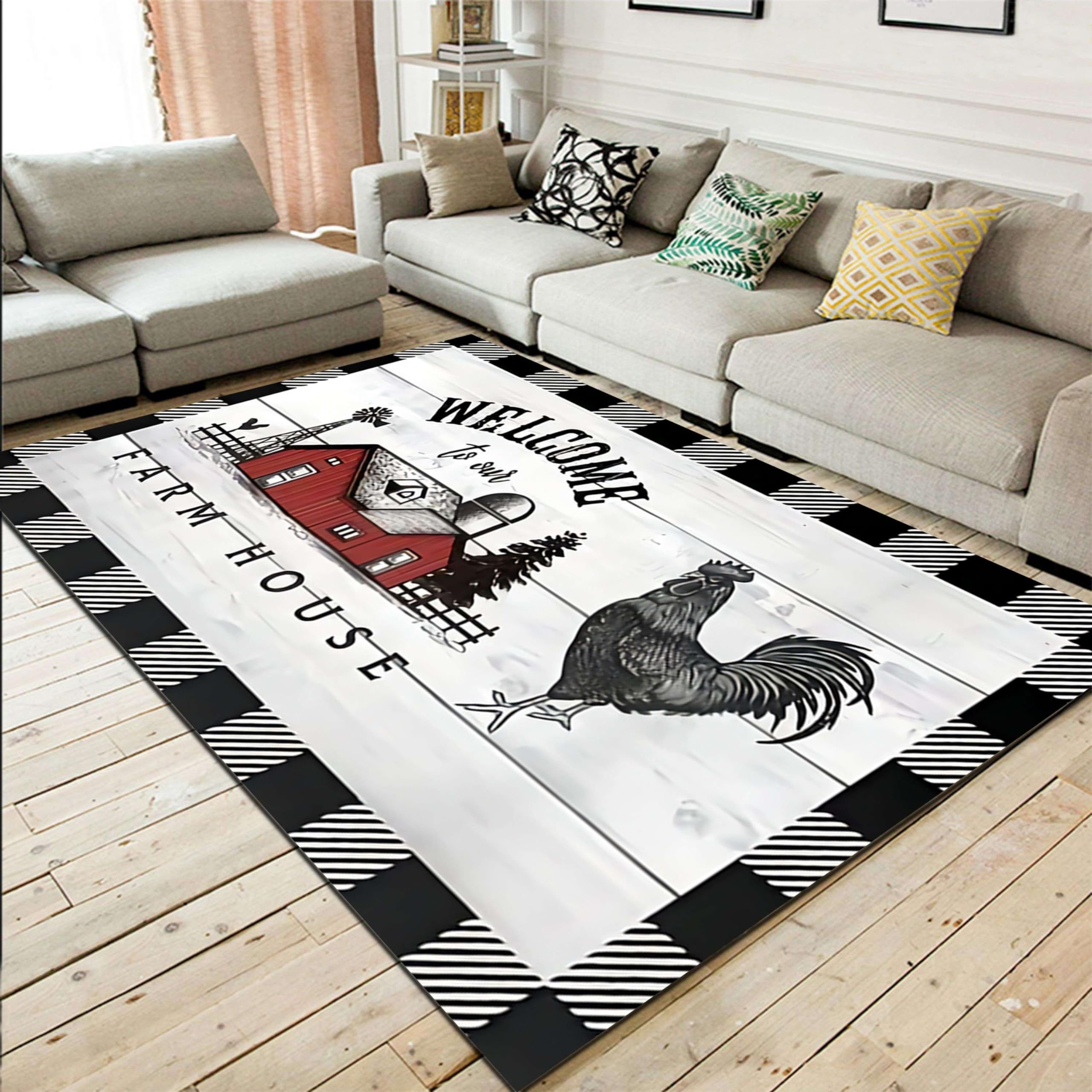 LHOMKCV Retro Rooster Area Rug,3x5ft,Farmhouse Barn Chicken on Wood Grain Printed Rugs, Rustic Vintage Animal Farm Rug, Machine Washable Durable