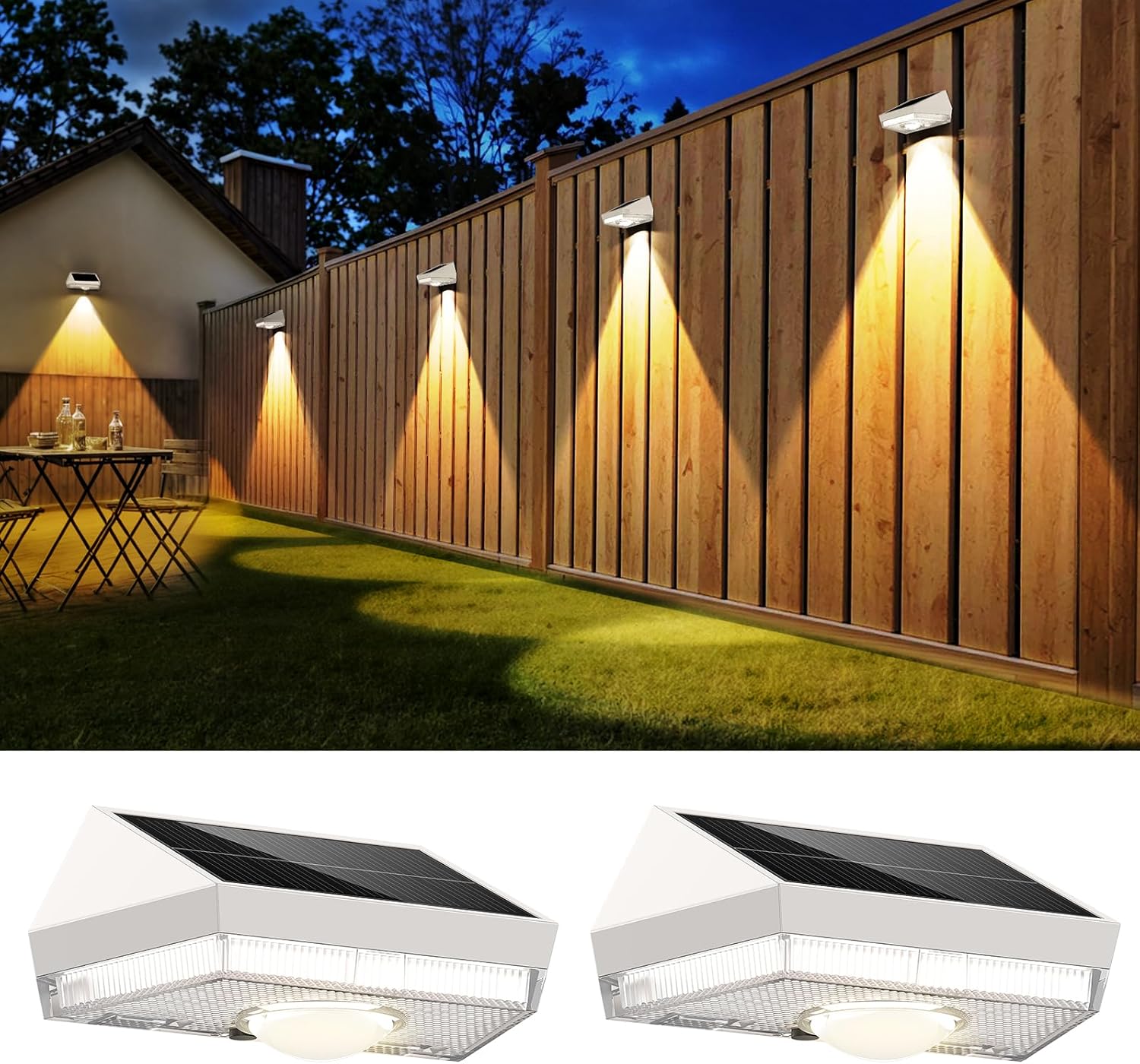 solar fence lights,warm white & cool white & rgb 7colors ? color changing mode ip65 waterproof solar lights outdoor for deck/patio/backyard/wall/pool/fence/railing/step -white shell (2pack) 2pack white