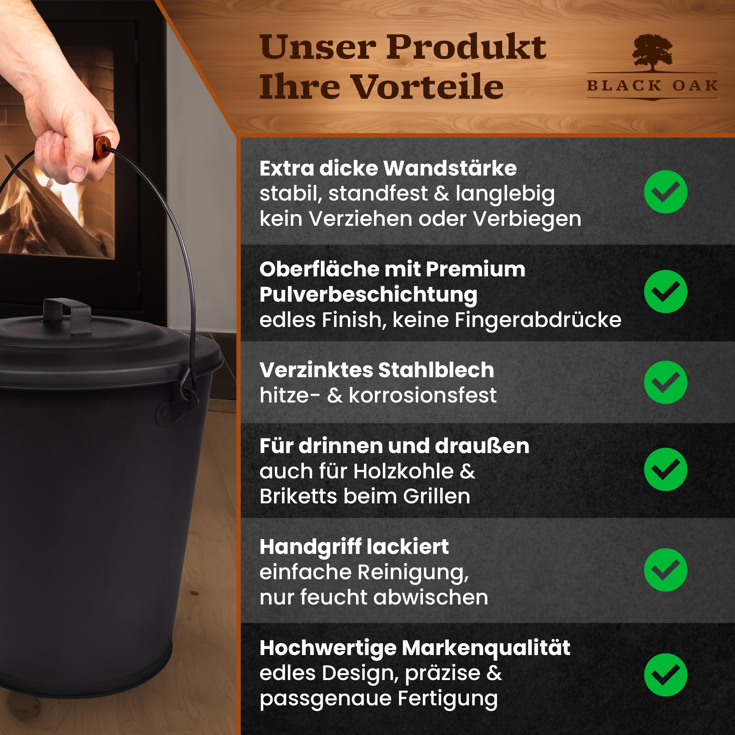 BLACK OAK Secchio per cenere Santorini, 25 l, nero con coperchio, XXL, extra grande, 25 litri, in acciaio zincato a prova di fuoco, verniciato a polvere, cenere e carbone, accessorio ideale per camino