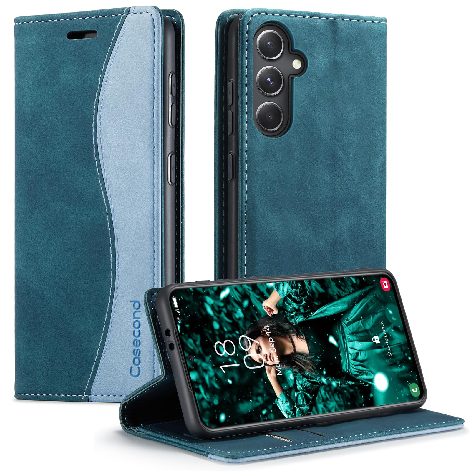 Casecond Funda para Samsung Galaxy A53 5G Cuero Premium Flip Folio Carcasa Case con Tarjetero Fundas Tapa Libro Magnético con Bloqueo RFID Proteccion para Mujeres Hombres - Azul Verde — view 27