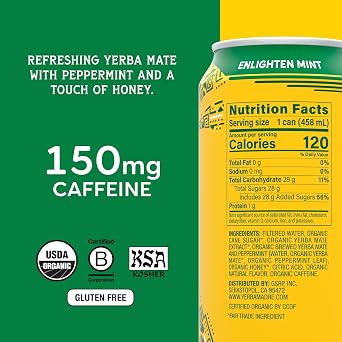 Yerba Madre Organic Yerba Mate, Enlighten Mint, 150mg Natural Caffeine, Energy Drink Alternative, No Jitters or Crash, 15.5 Oz Cans (Pack of 12)