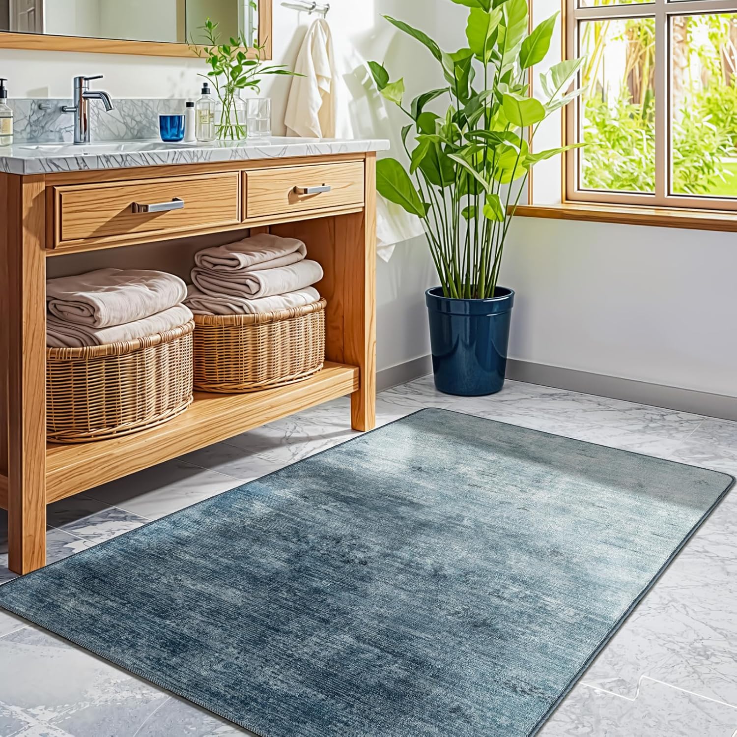 LIANLAM Washable 2x3 Entry Rugs for Entryway Kitchen Bathroom Door Mat Indoor Entrance - Stain Resistant Non-Slip Backing Low Pile Blue Rug,Durable & Ultra- Farmhouse Decor(2x3,Blue)
