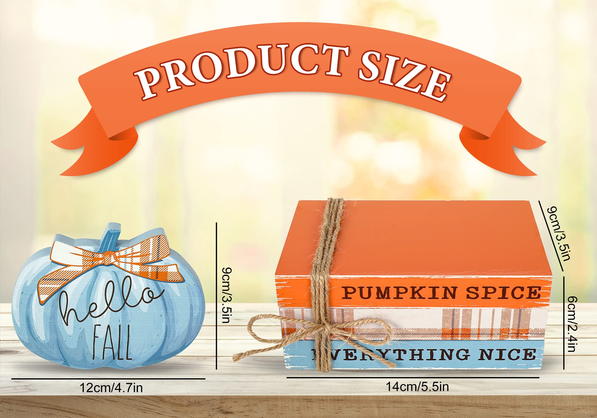 Whaline Fall Wooden Tiered Tray Decor Faux Decorative Stacked Books Bundle Wooden Pumpkin Decor Hello Fall Wooden Block Sign for Autumn Thanksgiving Farmhouse Rustic Decor Kitchen Home Decoration