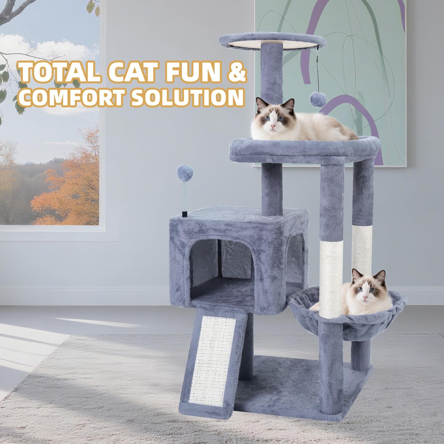 TWDEPART 37.5" All-in-One Cat Tree Tower with Scratching Board & Posts Cozy Sleeping Perch Hammock and Toy Balls,Grey