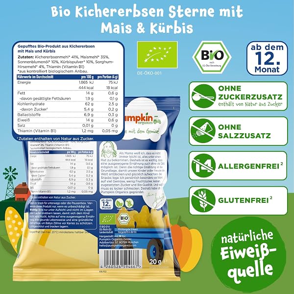 Pumpkin Organics Kindersnack Bio Kichererbsen Sterne Mais und Kürbis (8er Pack) Baby Snacks ohne Zusatzstoffe ab dem 12. Monat - allergenfreie² und glutenfreie² Knuspersnacks für Kinder (8x20g) - 2
