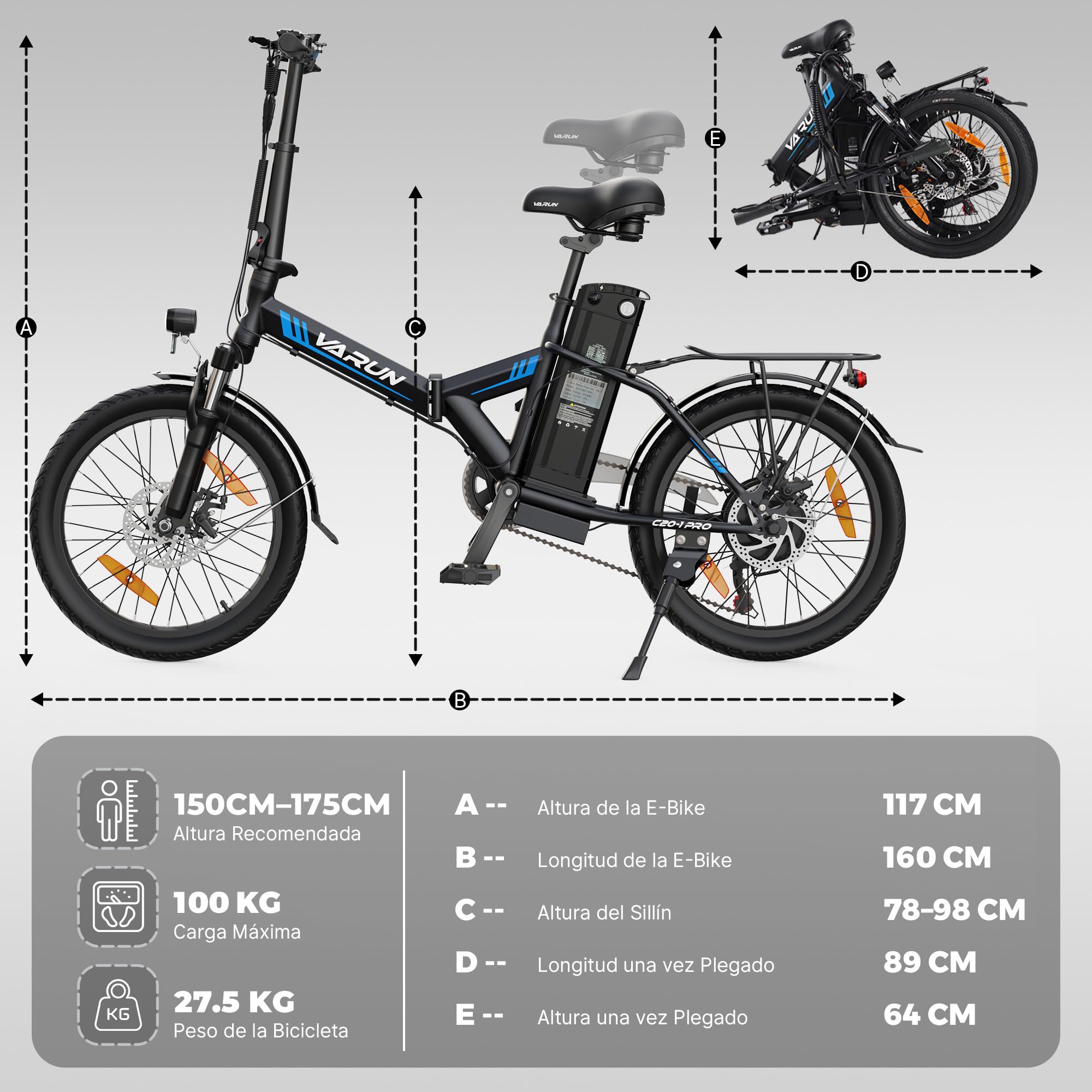 VARUN Bicicleta Electrica, 20'' Bicicleta Eléctrica Plegable, Bici Electrica para Adultos con Batería Extraíble de 48V 624Wh, Autonomía de 100Km, Pantalla LCD, Ebike para Hombre y Mujer