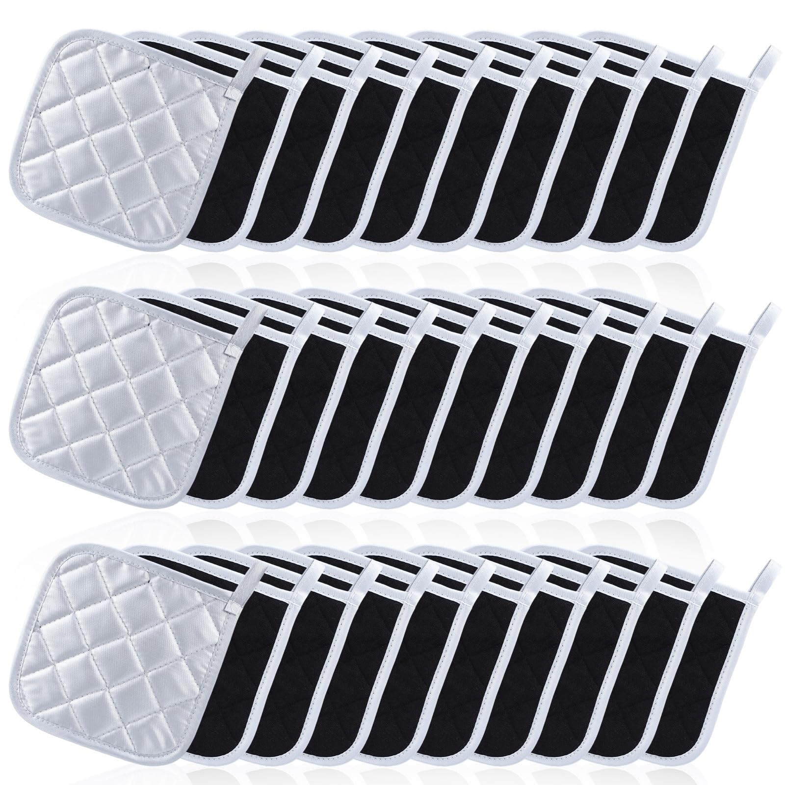 30 soportes de algodón para ollas a granel, guantes de horno resistentes al calor de 7 x 7 pulgadas con trabillas para colgar, almohadillas cuadradas para cocina, hornear (negro)