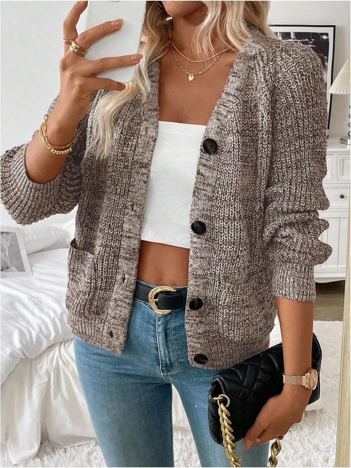 Verdusa Women's Button Up Cardigan Cozy Sweaters Fall Knit Outerwear with Pockets - Image 6