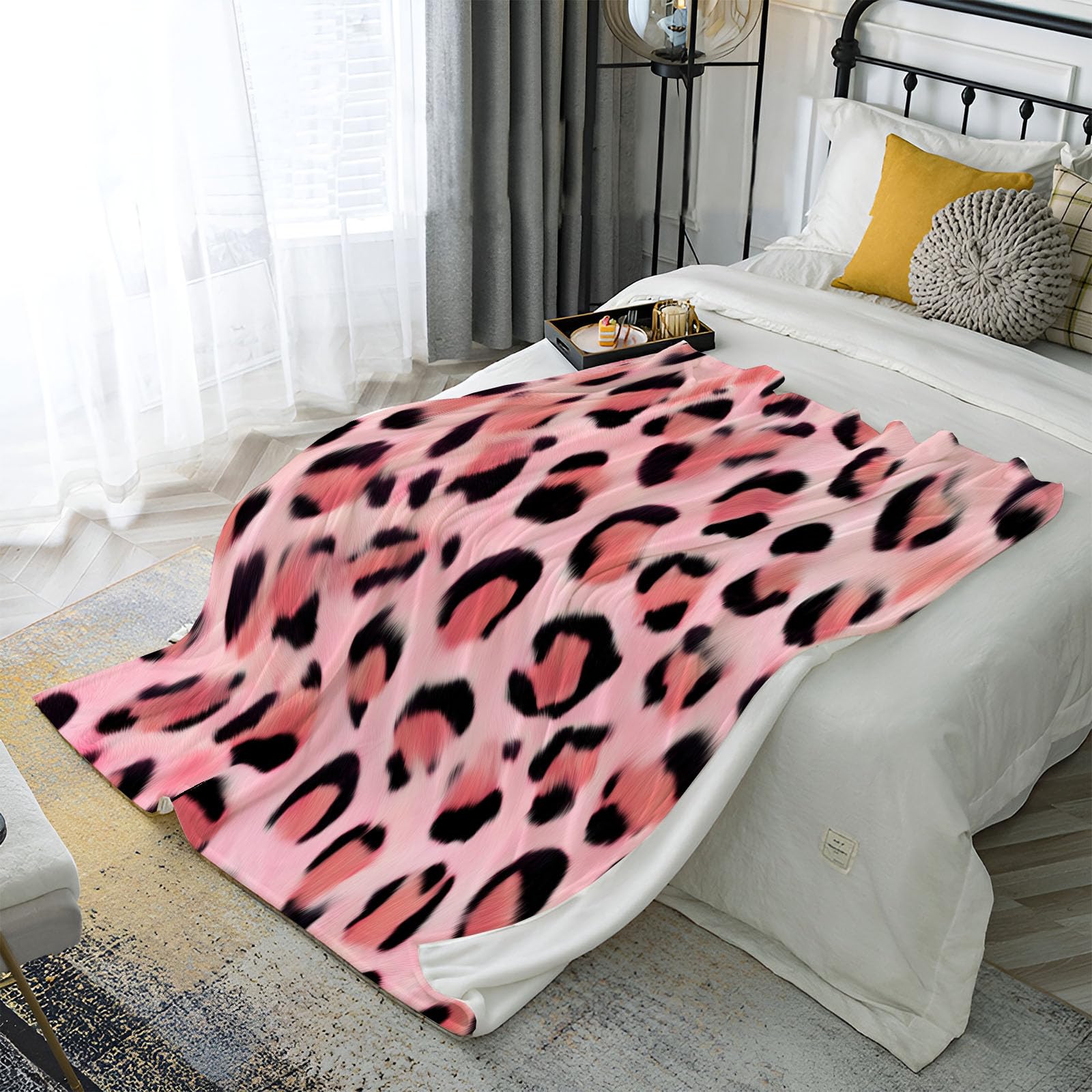 Couverture chaude rose motif animal grand plaid flanelle réversible pour lit et canapé