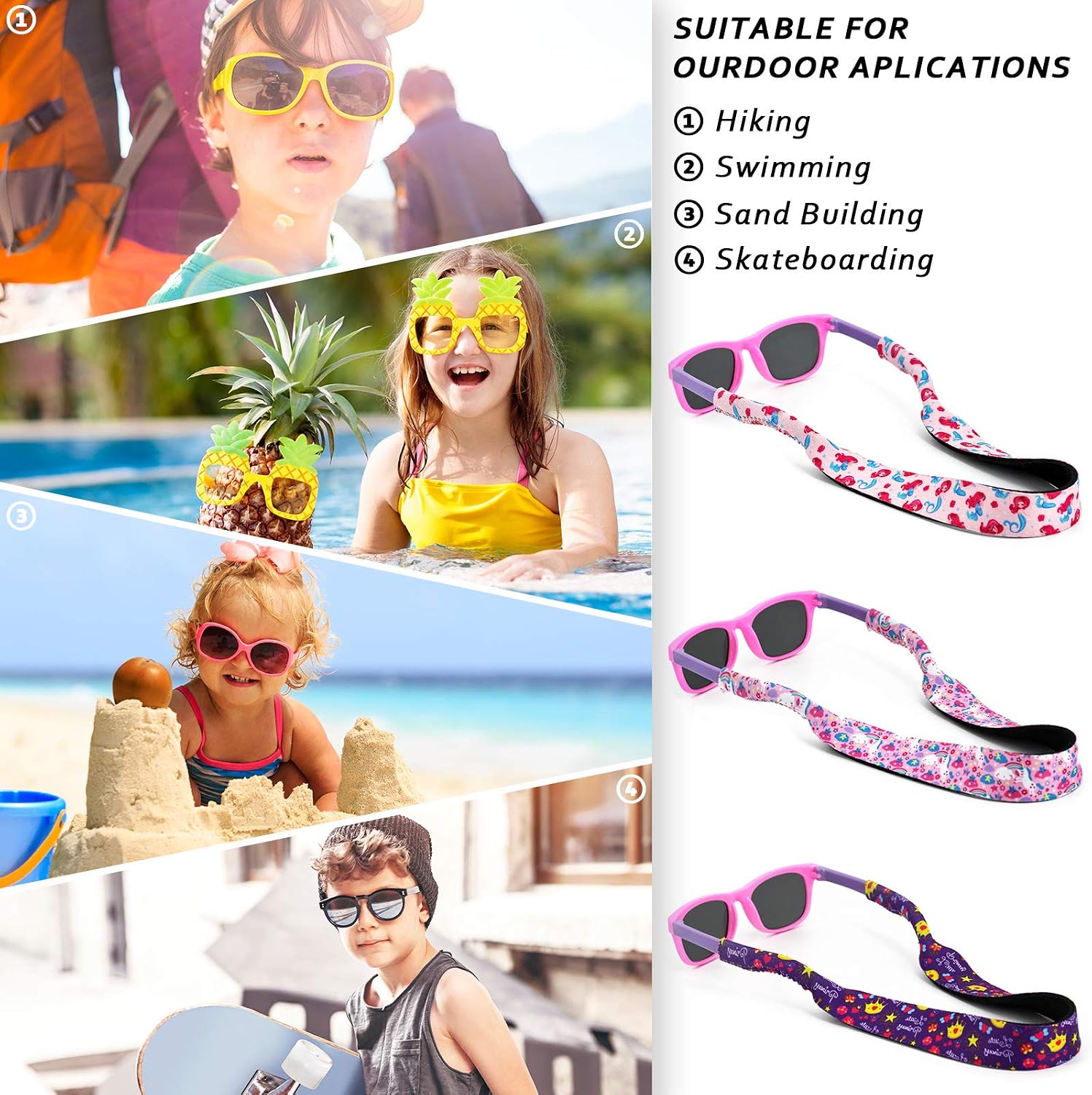 Hzran Eyeglass Strap for Kids, No-Tail Adjustable Glass Retainers for Boys & Girls, Floating Sunglass Lanyard for Children