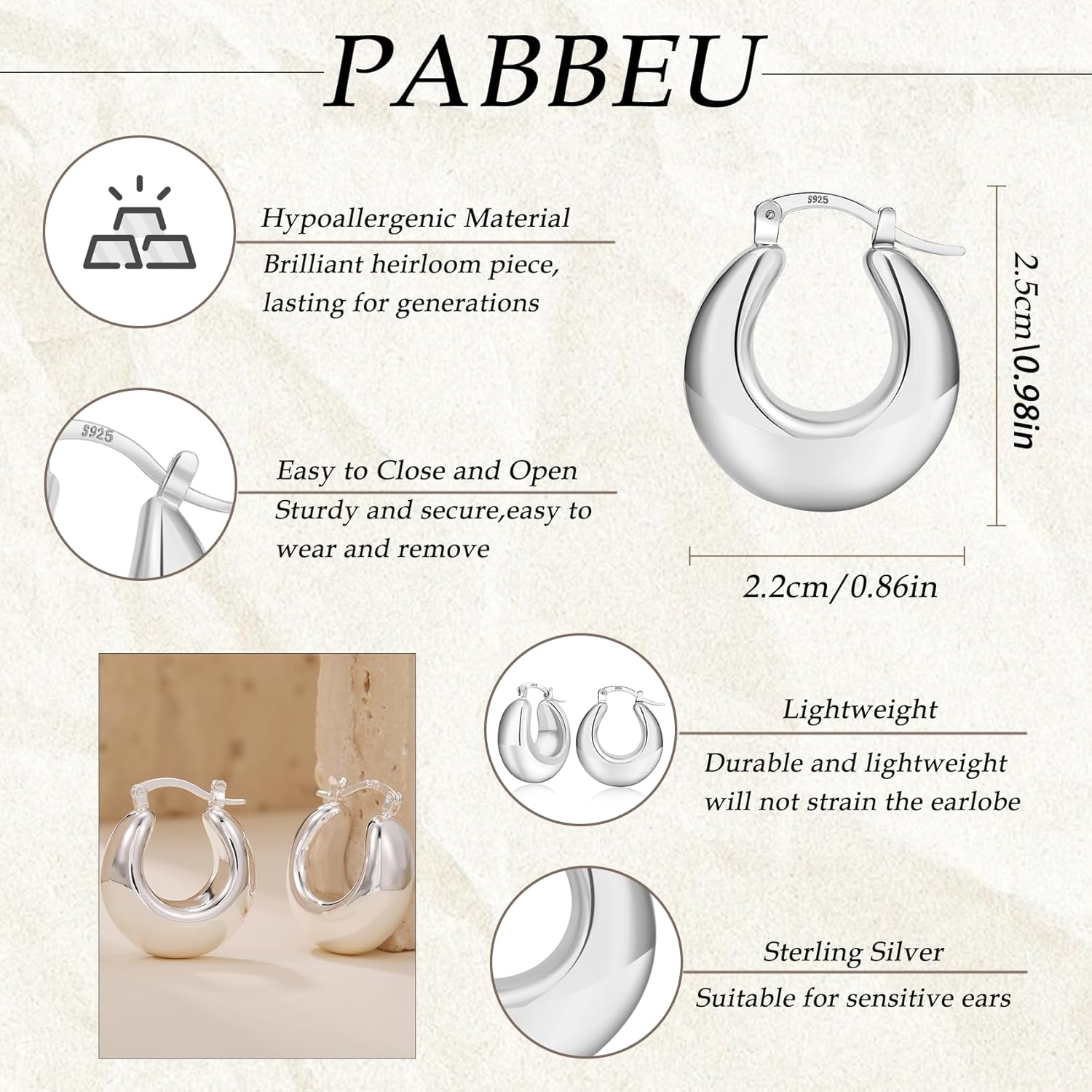PABBEU Chunky Silver Hoops Earrings for Women, Hypoallergenic Lightweight 925 Sterling Silver Oval Hoop Earring, Sterling Silver Thick Hoop Earrings for Women 25/28/30/38/40mm - Image 4