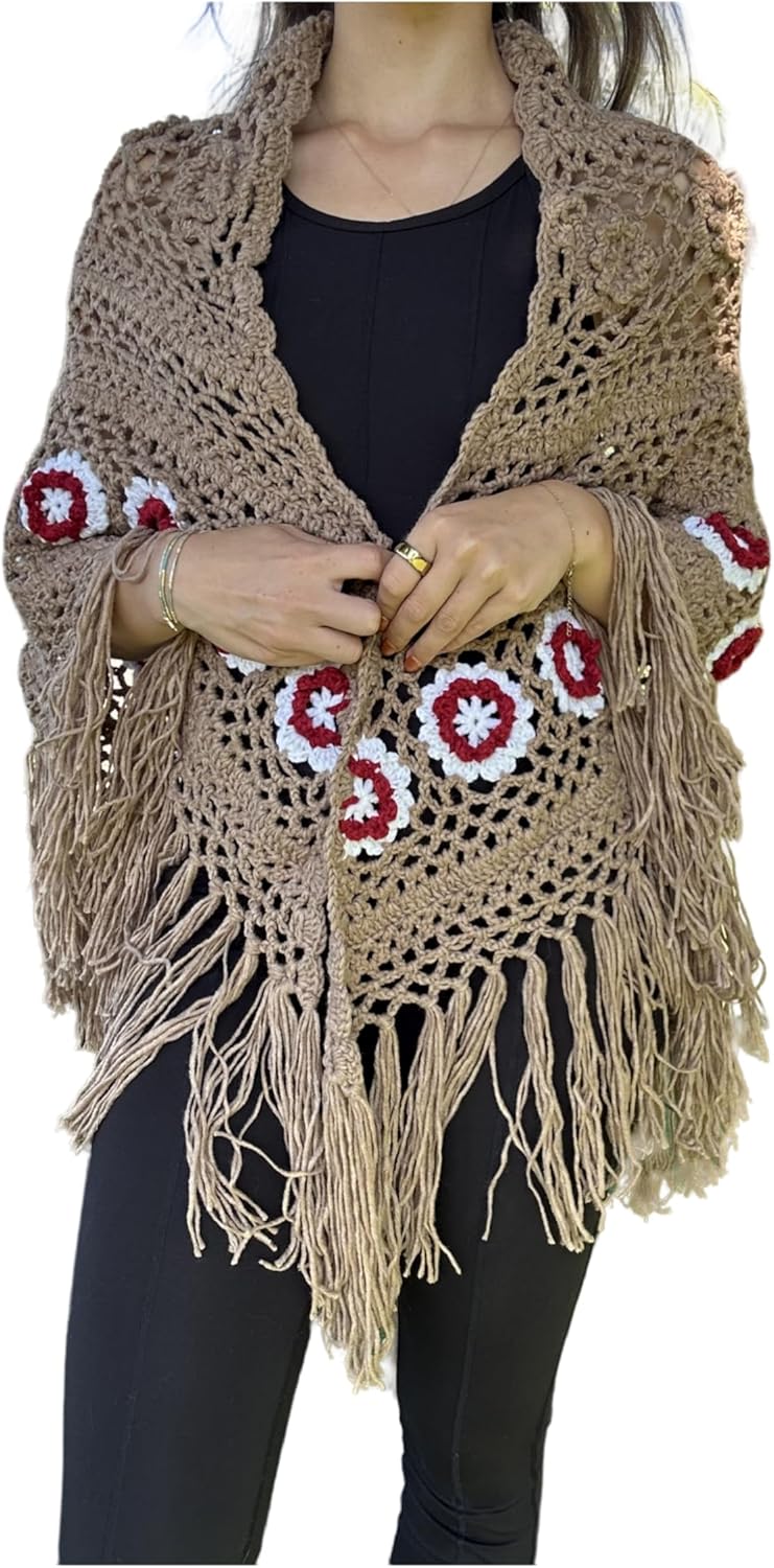 Handmade Crochet tassels Fringed Poncho Cape Shawls Wraps Granny Square Womens Coat Sweater 68x35in