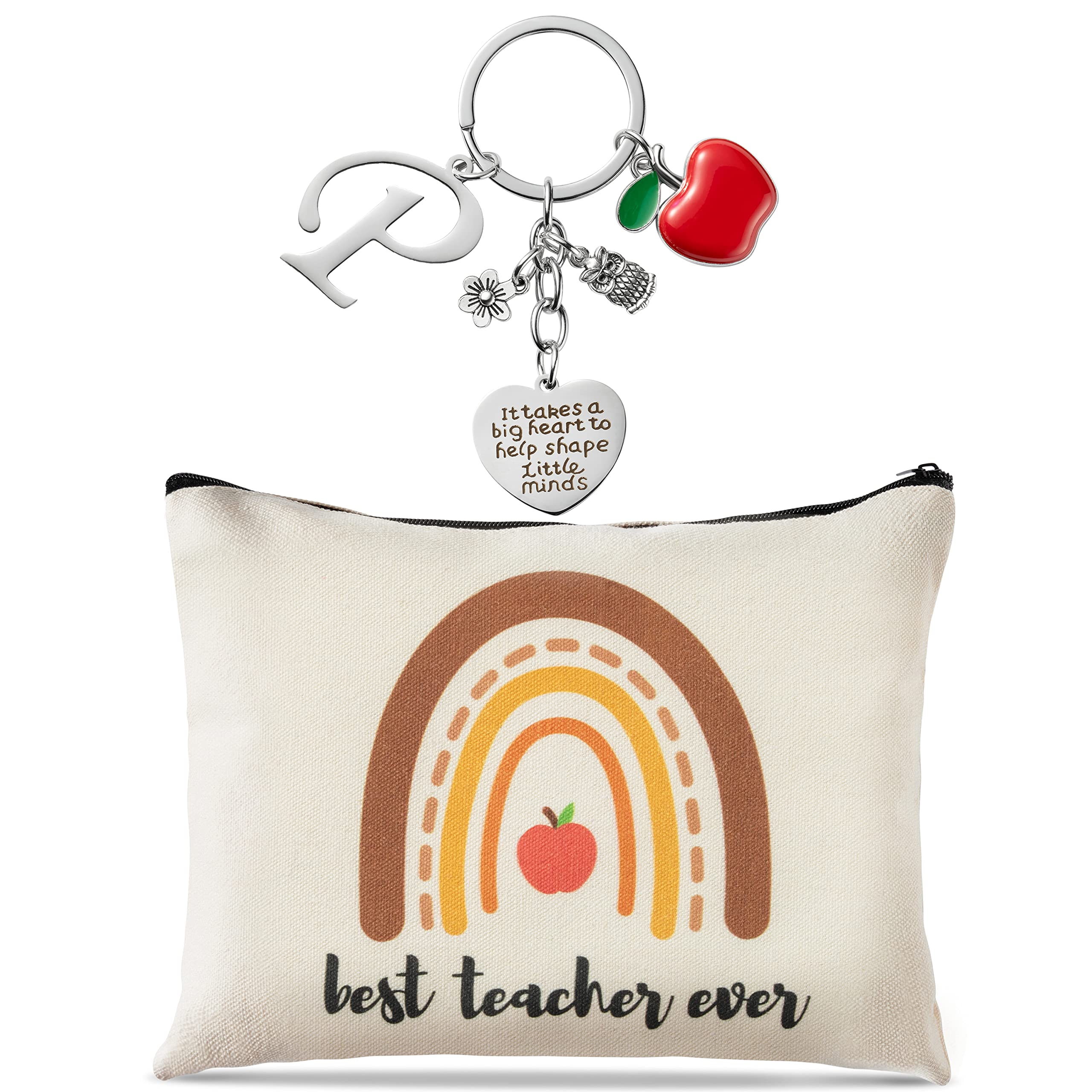 BkeeCten Teacher Appreciation Gifts Personalized - 2pcs Best Teacher Ever Makeup Pouch American Teachers Day Thank You Initial Letters Keychain Canvas