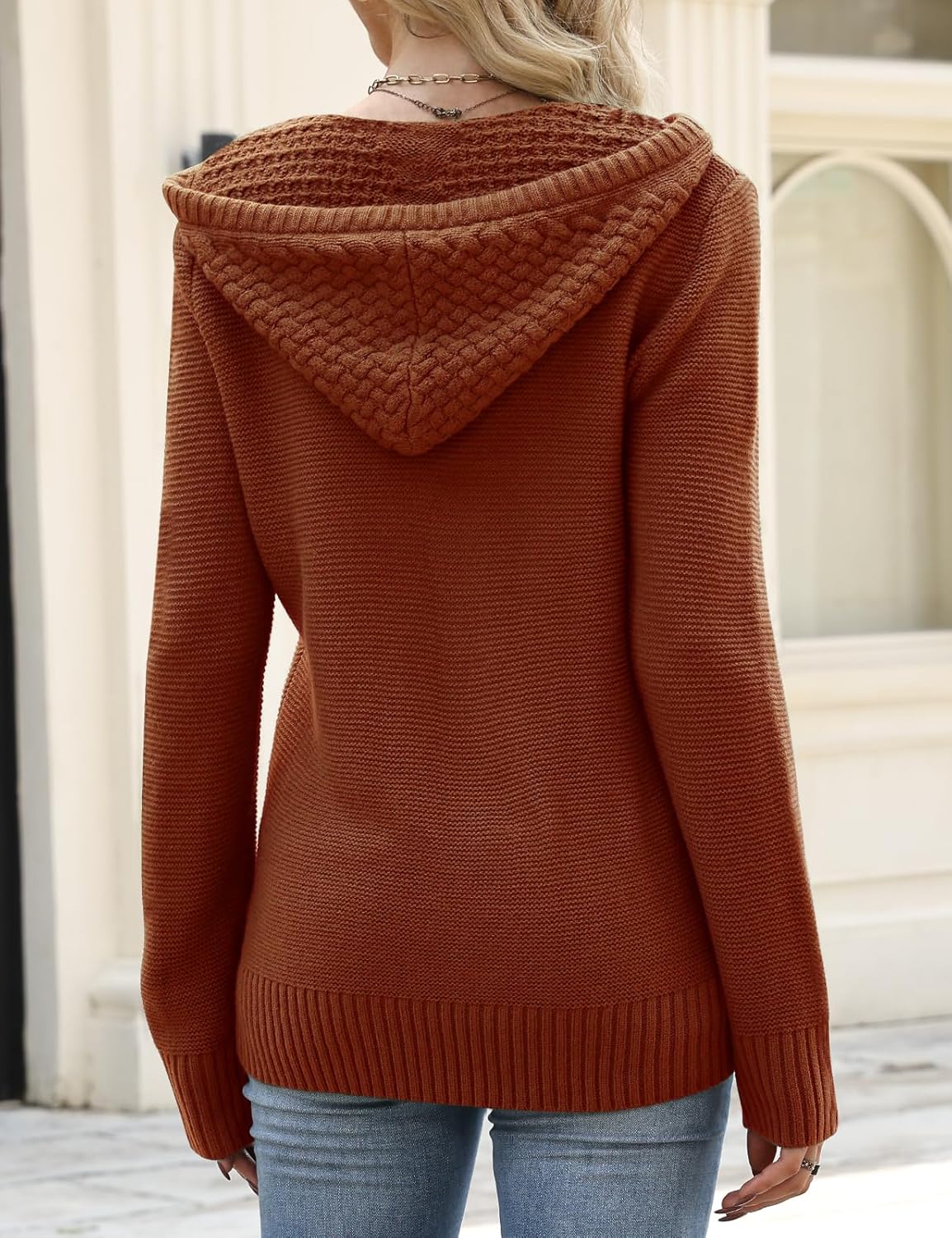 2025 Fall Hooded Sweater Women Oversized V Neck Fashion Knit Long Sleeve Pullover Drawstring Hoodie with Pocket - Image 2