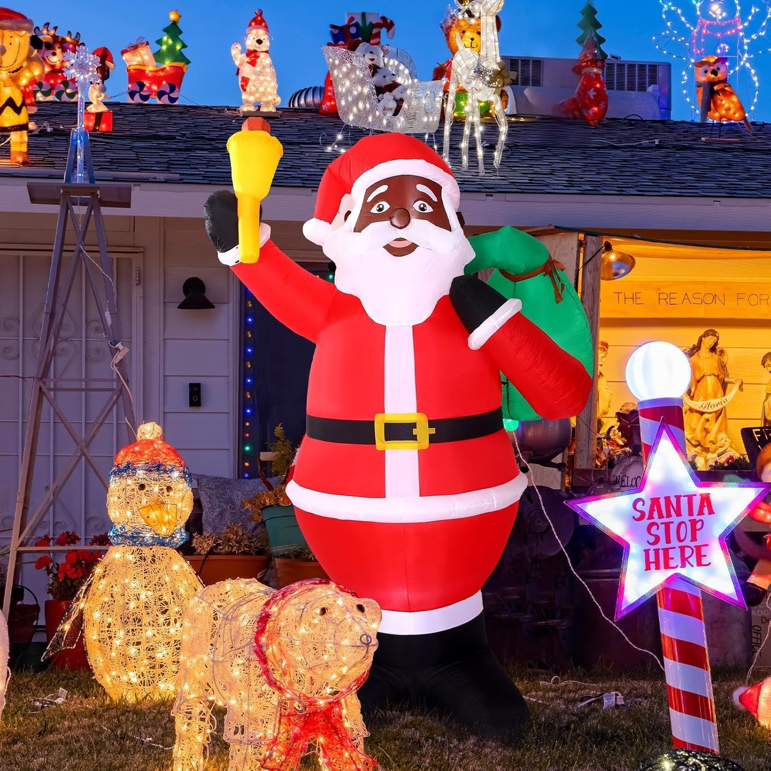 Jenaai 8 ft Christmas Inflatable Santa Outdoor Decoration Giant Black Santa Claus Gift Bags with Build in LED Light Blow up Christmas Yard Decor for Xmas Party Outside Garden Holiday Decoration