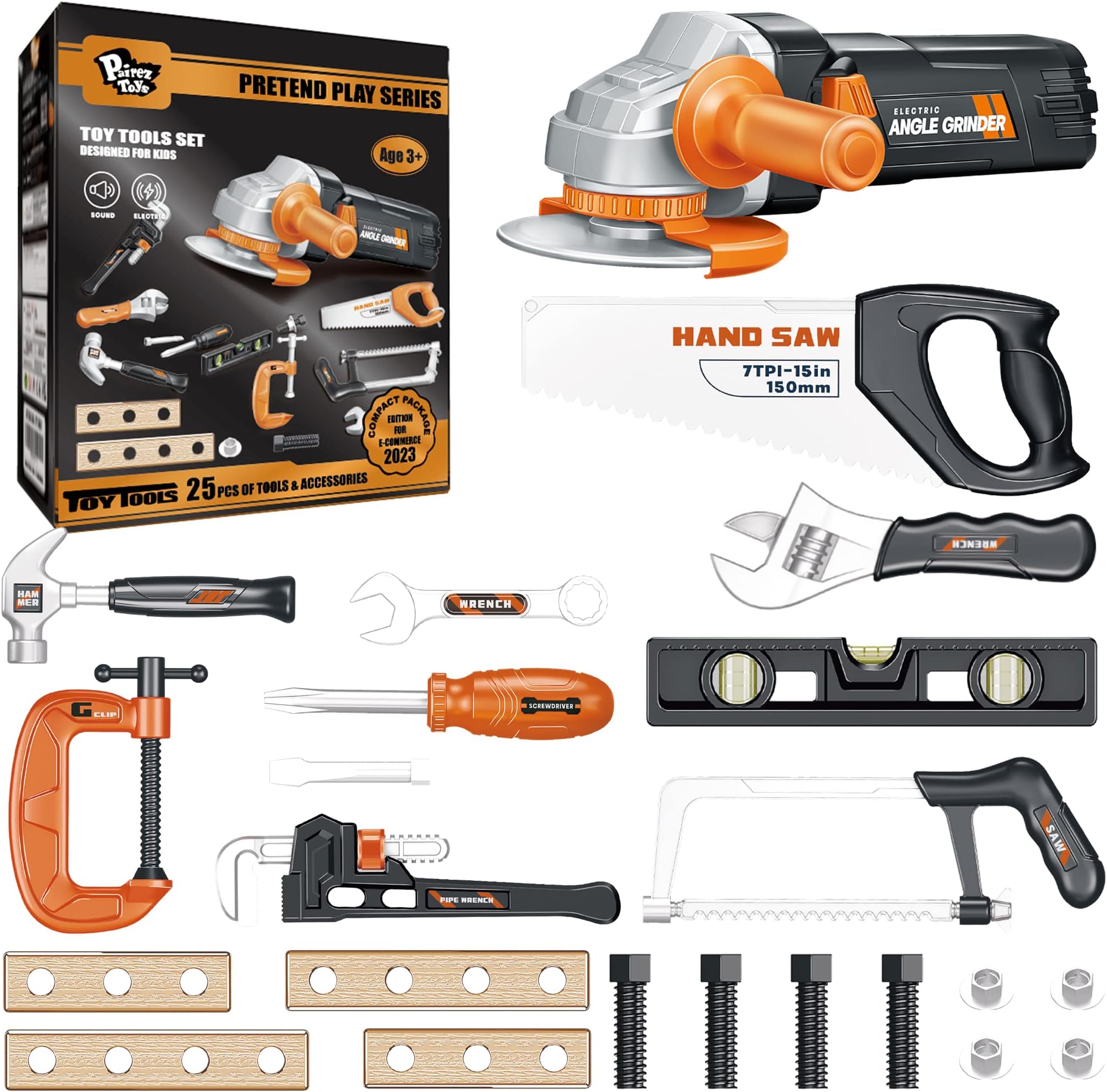 Play Tools for Kids Ages 3-5, Realistic Angle Grinder, Wrench, Hammer, Screwdriver, Pretend Play Tool Box Sets, Learning & Construction Engineering STEM Toys for Children 3 4 5+