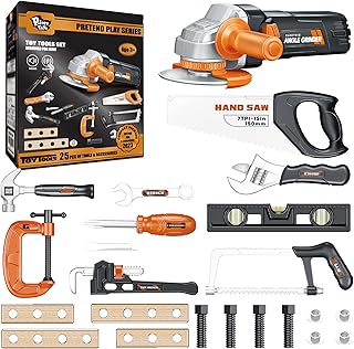 Pairez Toys Play Tools for Kids Ages 3-5, Realistic Angle Grinder, Wrench, Hammer, Screwdriver, Pretend Play Tool Box Sets, Learning & Construction Engineering STEM Toys for Children 3 4 5+