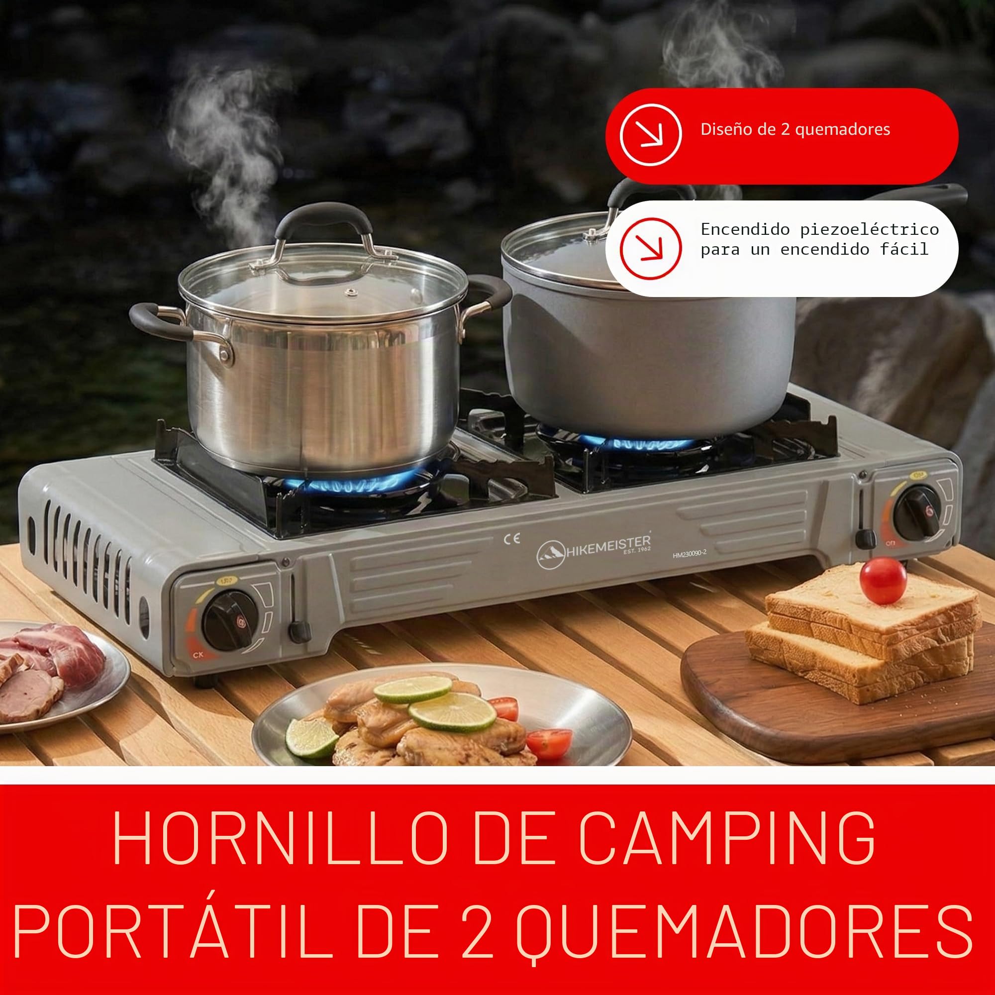 Hikemeister® Hornillo de camping de 2 fuegos con parrilla y 12 cartuchos de gas, hornillo de gas portátil 2 x 2,2 kW, incluye maletín de transporte, estufa de gas al aire libre para camping, balcón y