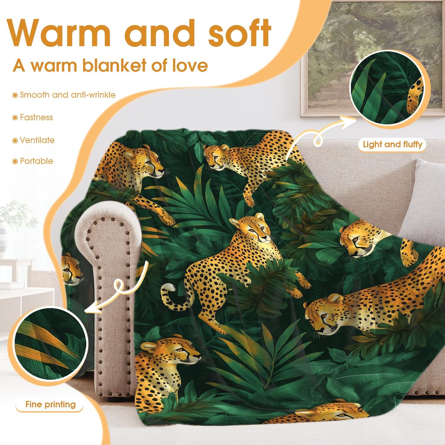 Leopard Tropical Rainforest Jungle Blanket Animal Gifts for Women Kids Boys Girls Lady Birthday Christmas Green Forest Palm Leaf Plant Wildlife Decor Easter Mother's Day Throw Blankets 50"x60" - Image 3