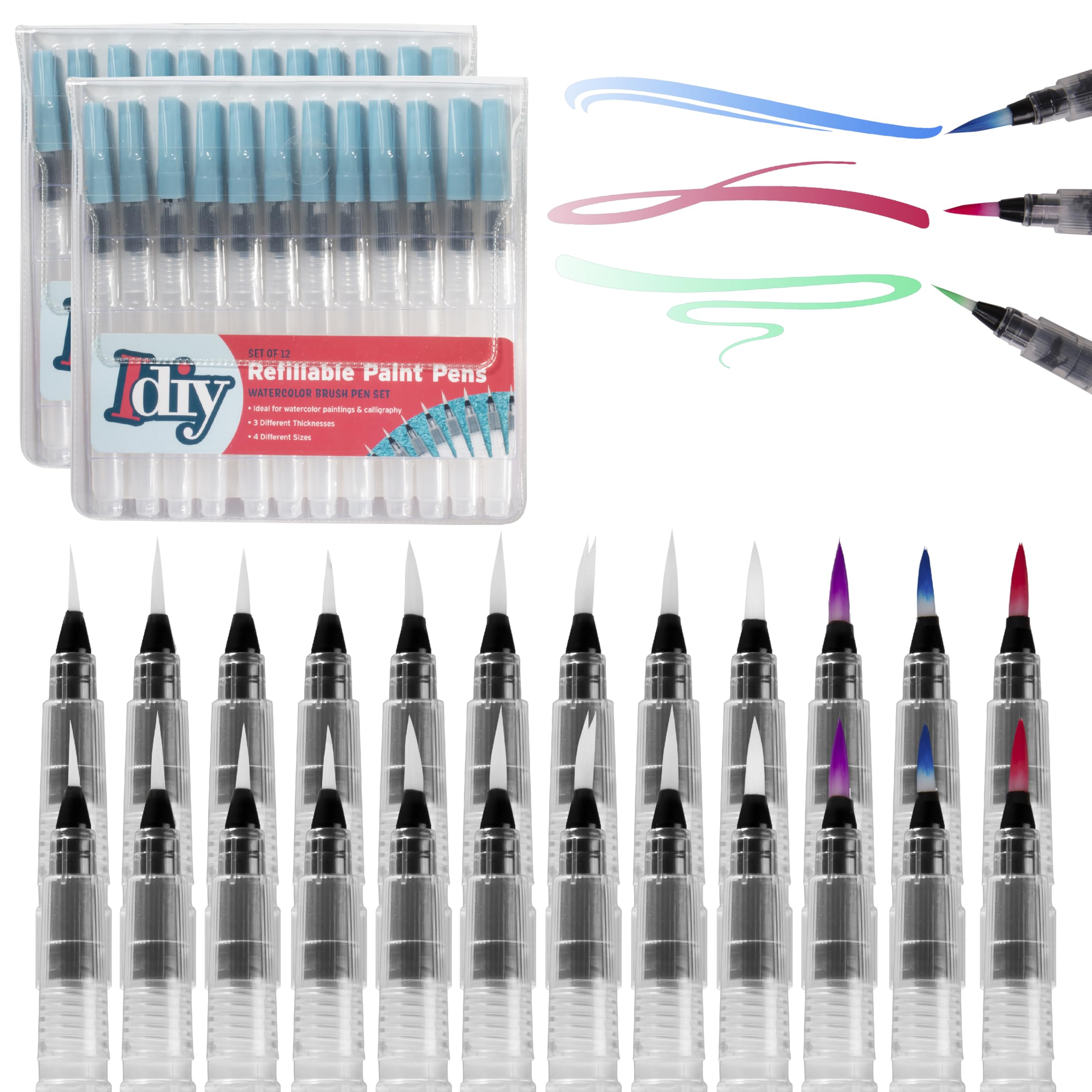 Lot de 24 pinceaux d'aquarelle Rechargeables (3 épaisseurs différentes et 8 de Chaque Taille) - Pinceaux Polyvalents de qualité Artistique pour Peinture et Lettrage