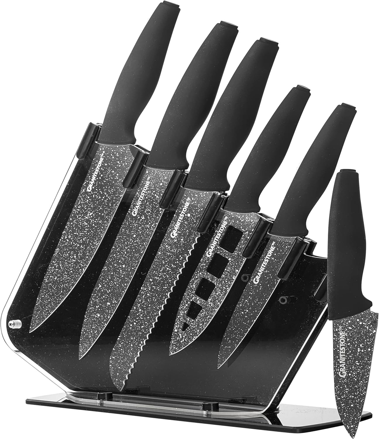 Nutriblade Knife Set with Block by Granitestone 6-Piece Professional Kitchen Chef’s Knives Ultra Sharp Stainless Steel Blades and Nonstick Granite Coating, Easy-Grip and Dishwasher-safe, Black