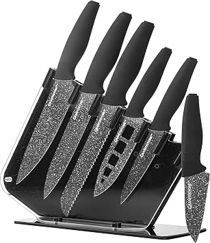 Nutriblade Knife Set with Block by Granitestone 6-Piece Professional Kitchen Chefs Knives Ultra Sharp Stainless Steel Blades and Nonstick Granite Coating, Easy-Grip and Dishwasher-safe, Black