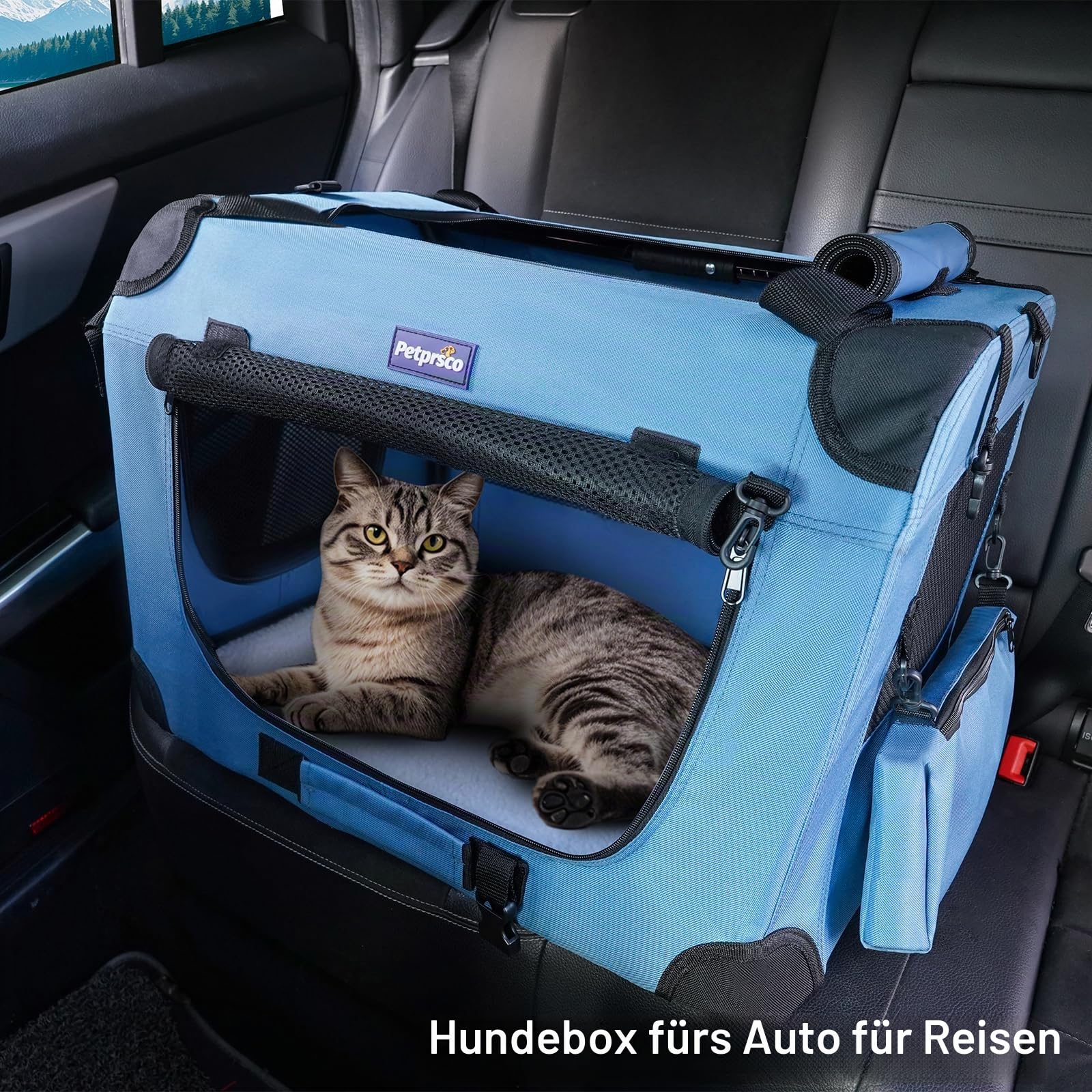 Petprsco Tragbare Faltbare Hundebox, Reise-Hundebox, 60 x 42 x 42 cm, mit weicher, Warmer Decke und faltbarem Napf für große Katzen und kleine Hunde, drinnen und draußen