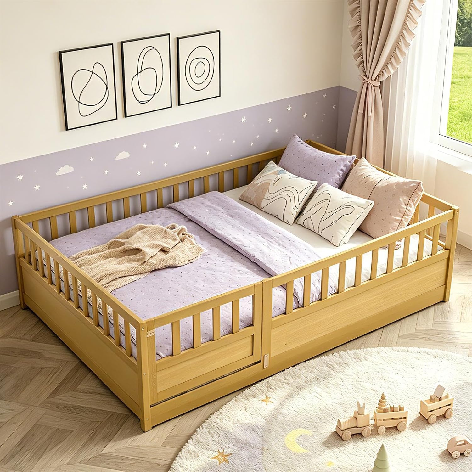 Bellemave Full Size Floor Bed Frame with 21.4" High Guardrails & Door, Wooden Montessori Floor Bed Full for Kids, Low Profile Floor Bed Full for Nursery, Montessori Beds with Slats, Natural