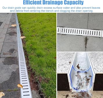 Linear Trench Drain, Channel Drain with Stainless Steel Grate, Resin Material Drainage Trench, Rainwater Strainers for Garden Garage(W10cm(4