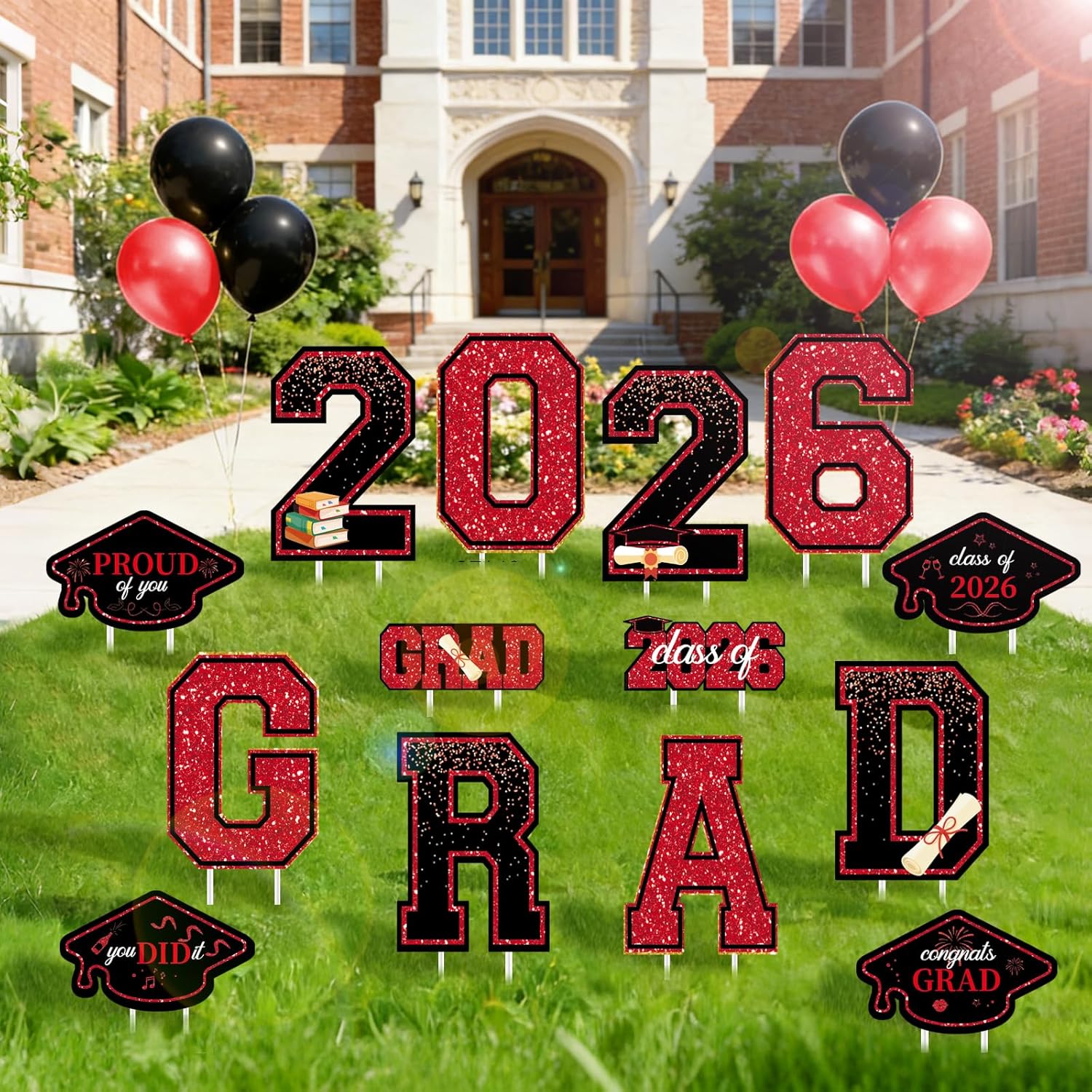 2026 Graduation Yard Signs Decorations, 14PCS Red Congrats Grad Lawn Signs with Stakes, Outdoor Graduation Party Decorations for High School College Yard Lawn Decor