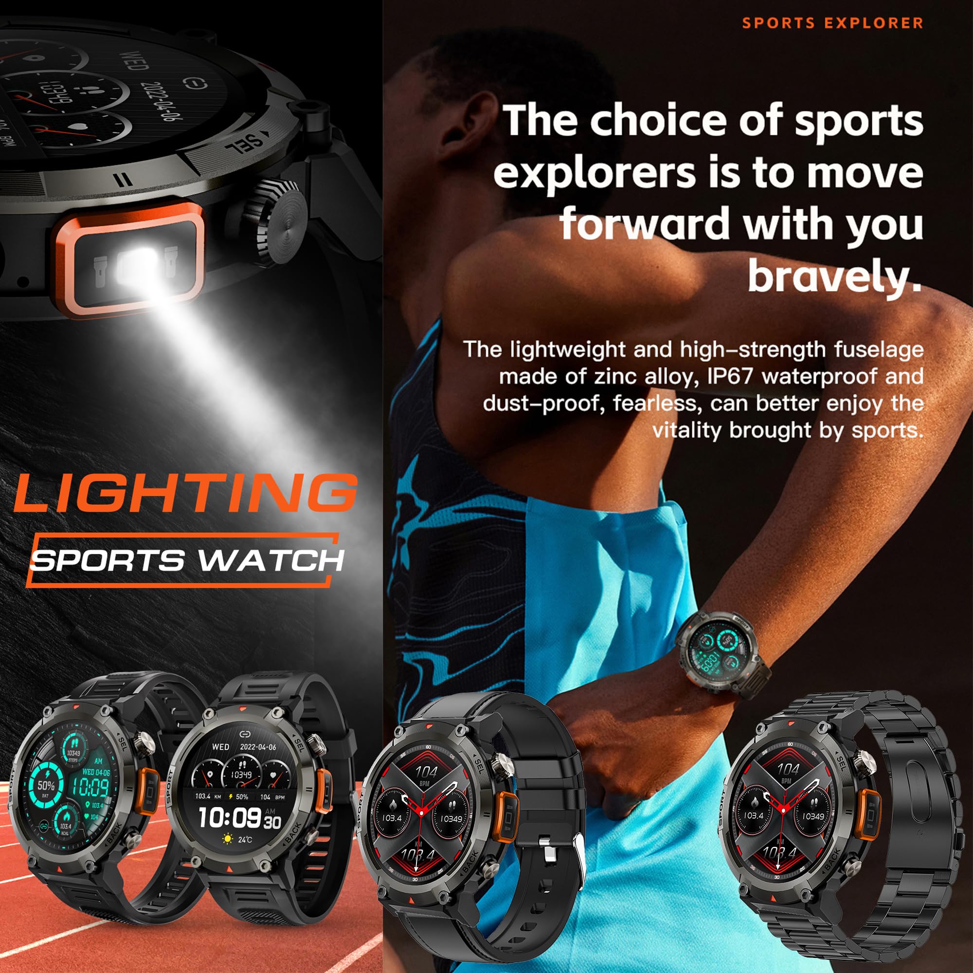 Smartwatche Mężczyźni z Funkcje Telefonu Bluetooth, Sportowy Smartwatch 1,45 Cala ze 123 trybami Sportowymi, Pochodnia, Pomiarem Tętna, Odtwarzaczem Muzycznym, Wodoodpornością IP68 dla Android iOS