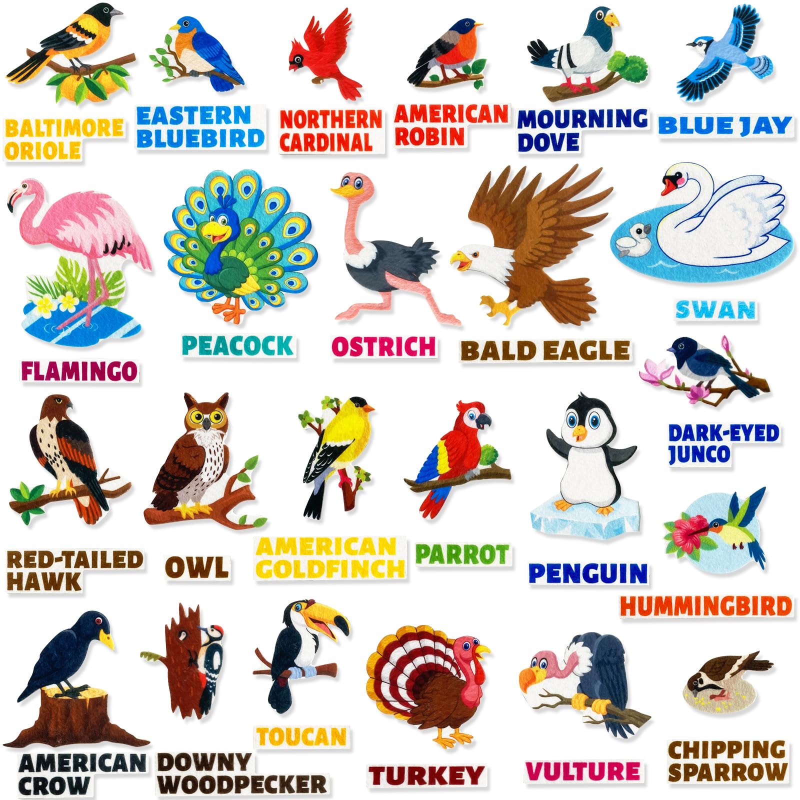 PENGFULL Felt Common Birds Learning Pieces,48 Felt Board Pieces for Felt Flannel Board,24 Birds and 24 Words Learning for Toddlers,for Kindergarten,Preschool,Toddlers