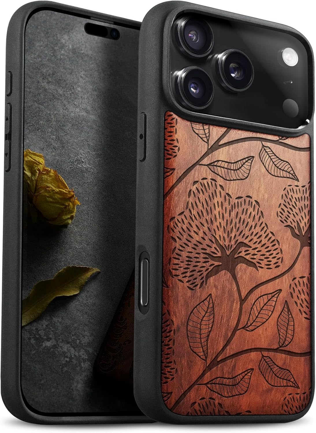 Carveit Magnetic Wooden Case for iPhone 17 Pro Max Case, Wood Artisan Engraved & Black Soft TPU Shockproof Cover, Compatible with MagSafe Wireless Chargers (Textured Beauty in Botanical Art) Rosy