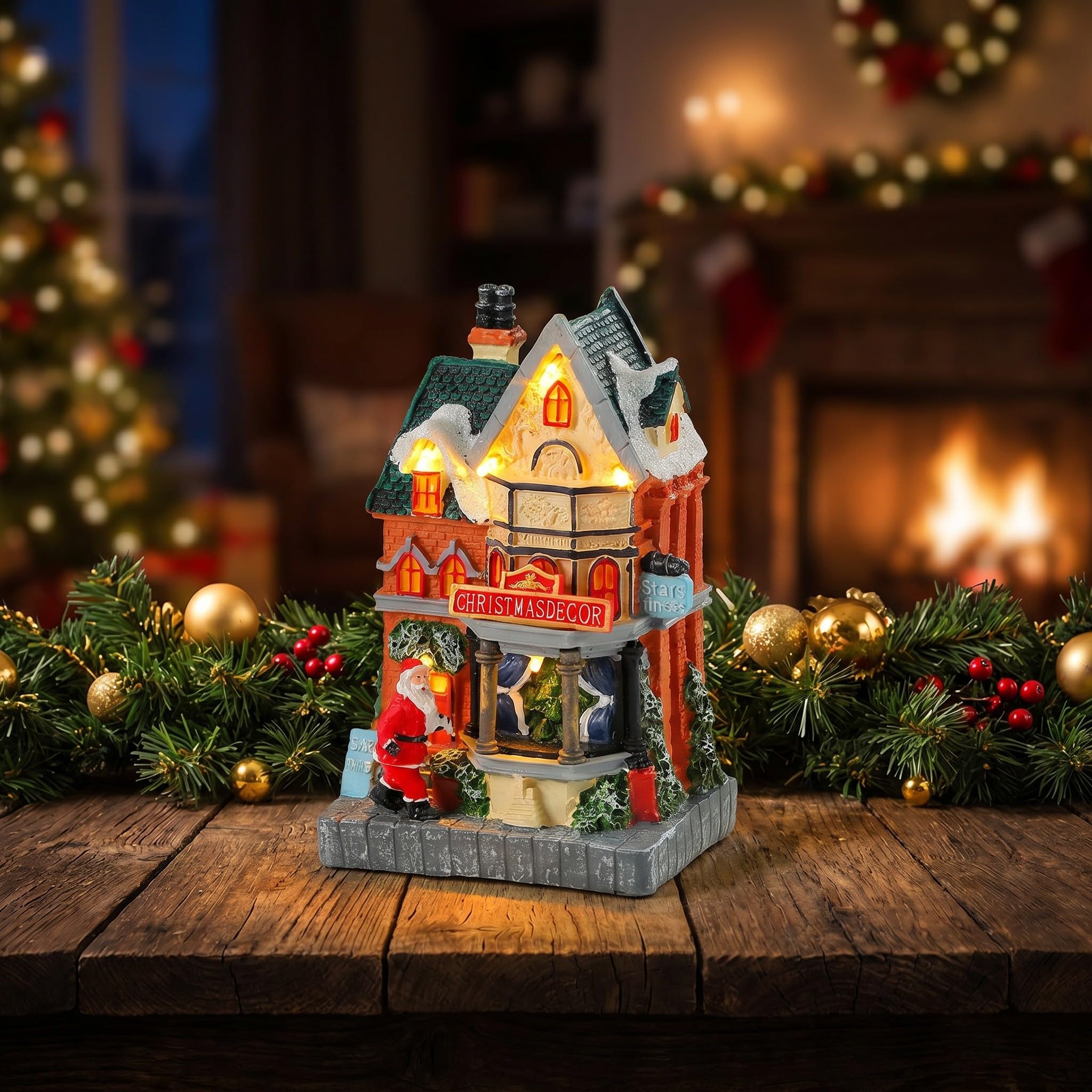 INOOMP Statuetta di casa di Babbo Natale a LED - Piccola casa illuminata per Villaggio Natalizio - Mini Decorativa in Resina per Scena Natalizia, Ideale per Feste e Decorazioni da Tavolo.